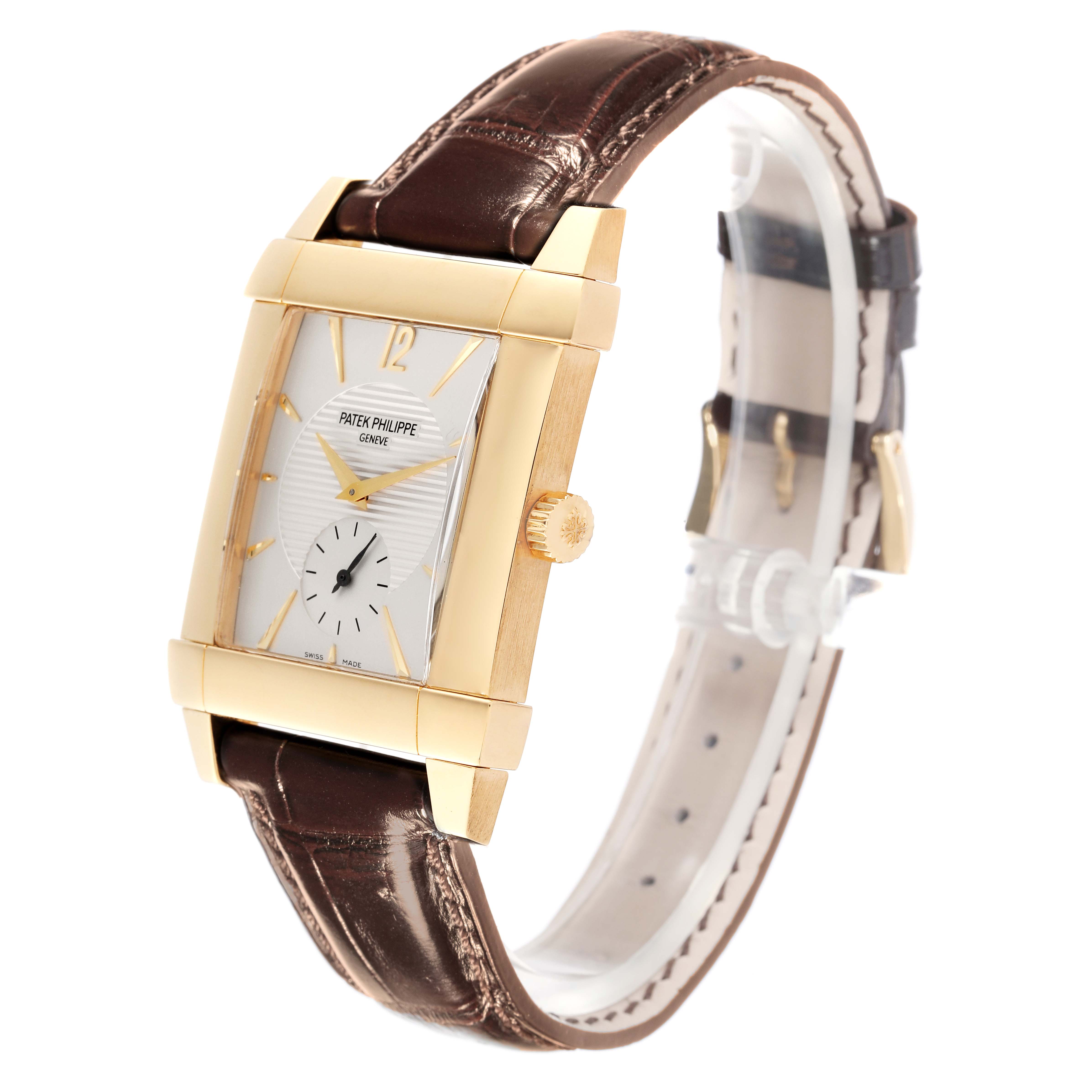 The image shows a Patek Philippe Gondolo 5111J Men's Yellow Gold Silver Dial 5111J Men's Yellow Gold Silver Dial watch at a side angle, highlighting the gold case, brown leather strap, and dial details.