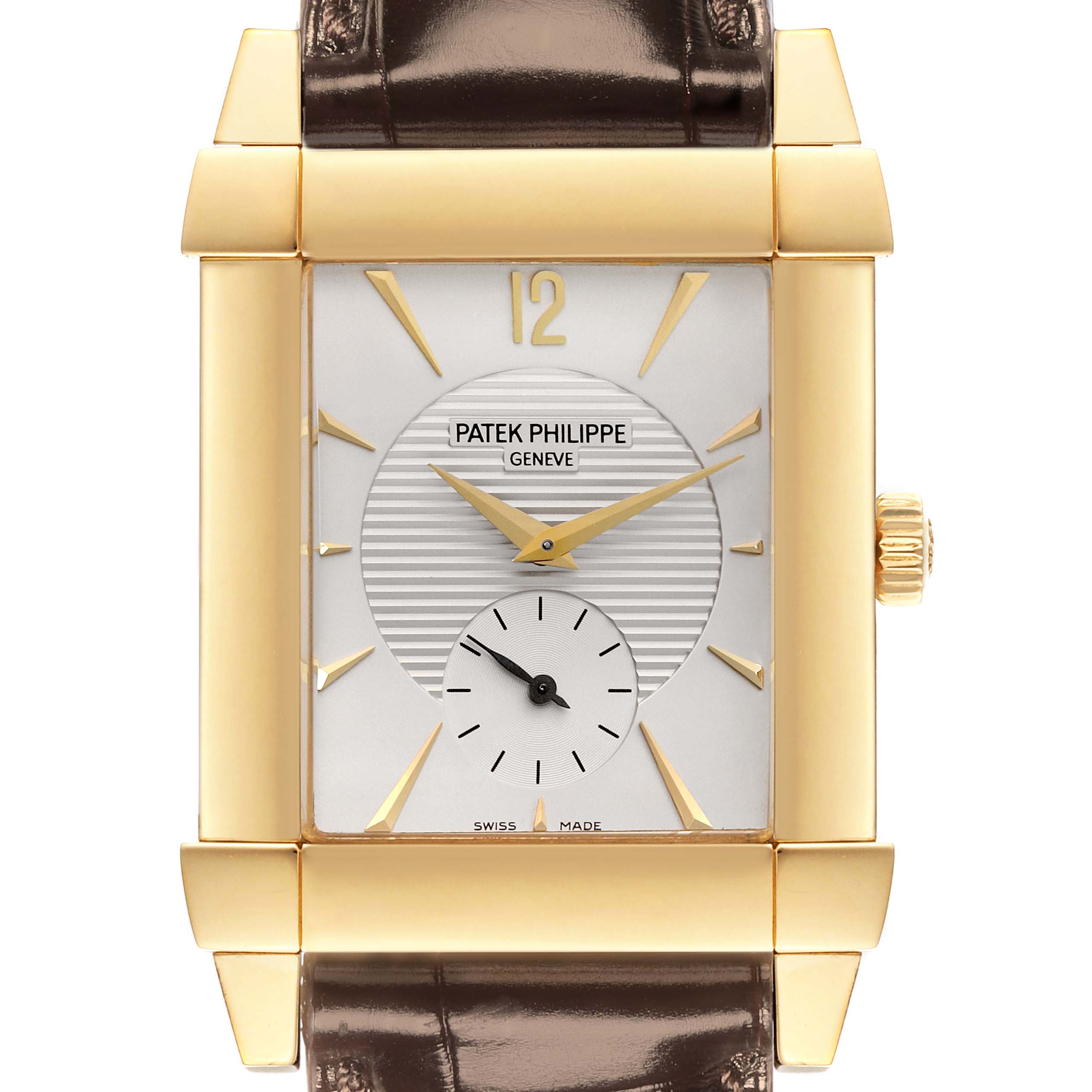 This image shows a front, detailed view of a Patek Philippe Gondolo 5111J Men's Yellow Gold Silver Dial 5111J Men's Yellow Gold Silver Dial watch, highlighting the dial, gold case, and brown leather strap.