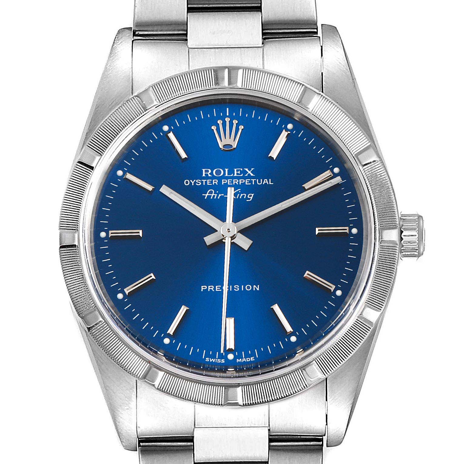 The image shows a front view of a Rolex Air-King 14010 Men's Stainless Steel Blue Dial 14010 Men's Stainless Steel Blue Dial watch highlighting its blue dial and silver bracelet.