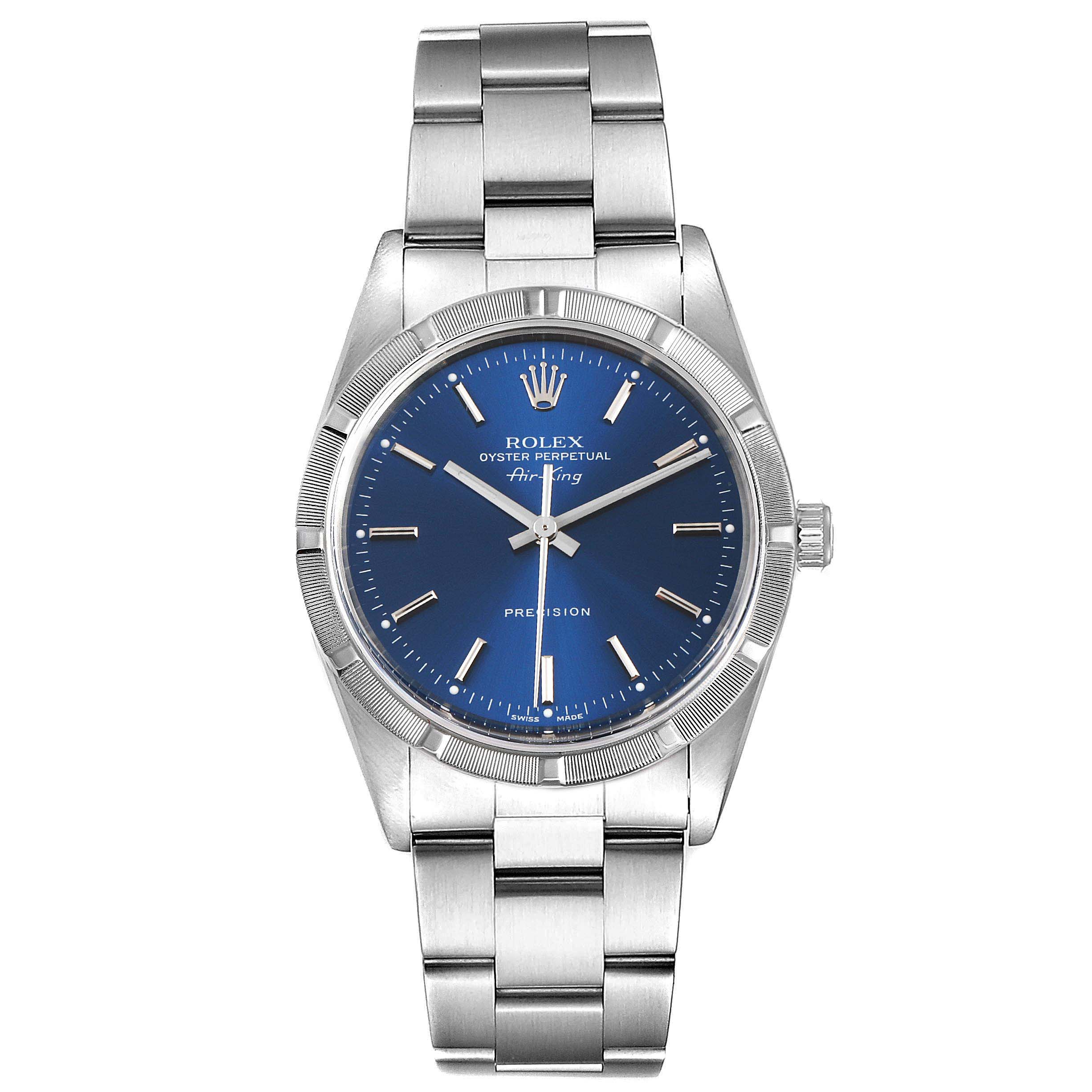 The image shows a frontal view of the Rolex Air-King 14010 Men's Stainless Steel Blue Dial 14010 Men's Stainless Steel Blue Dial watch, highlighting the face, bezel, and bracelet.