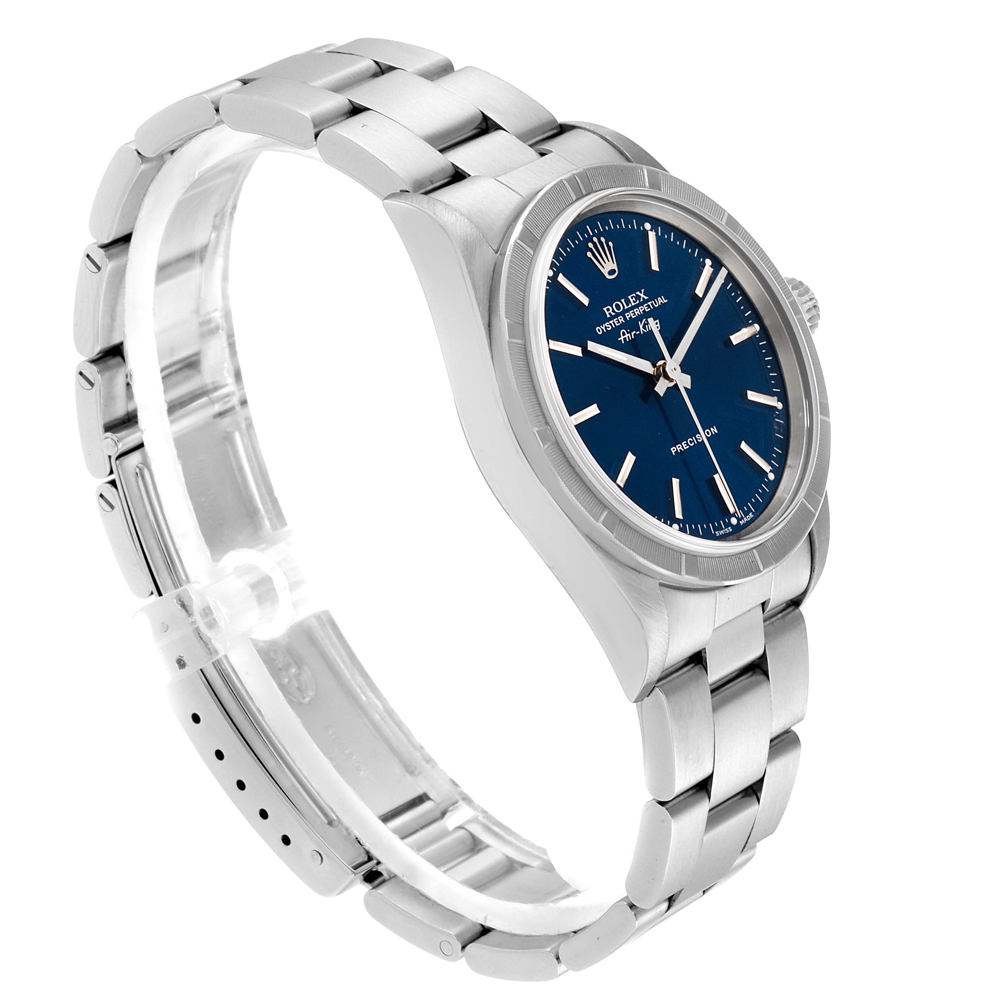 This is a side angle view of a Rolex Air-King 14010 Men's Stainless Steel Blue Dial 14010 Men's Stainless Steel Blue Dial watch showing the full bracelet and face.