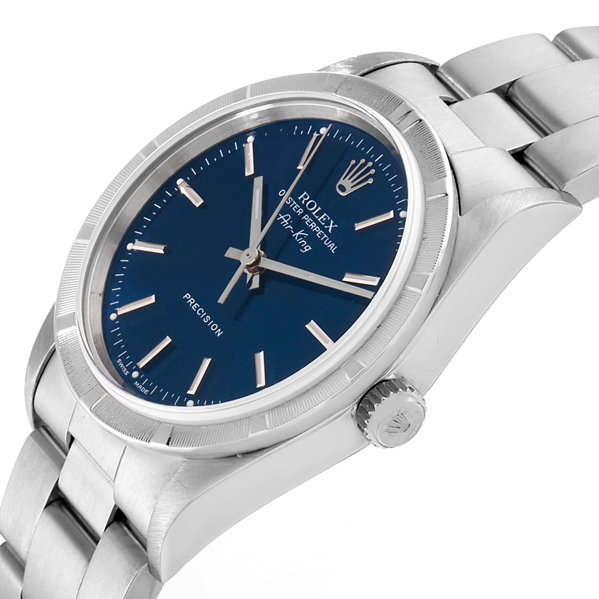 The image shows a Rolex Air-King 14010 Men's Stainless Steel Blue Dial 14010 Men's Stainless Steel Blue Dial watch from a three-quarter angle, highlighting its dial, bezel, crown, and part of the bracelet.