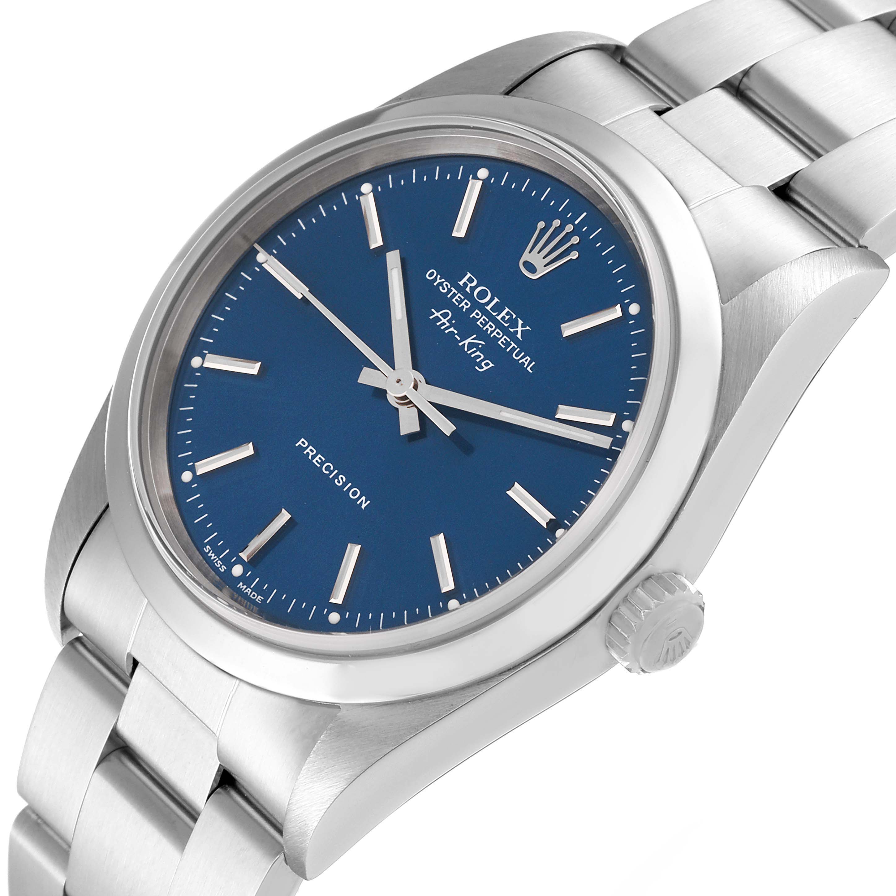 This image shows a Rolex Air-King 14000 Men's Stainless Steel Blue Dial 14000 Men's Stainless Steel Blue Dial watch from an angled view, highlighting the face, crown, and part of the bracelet.