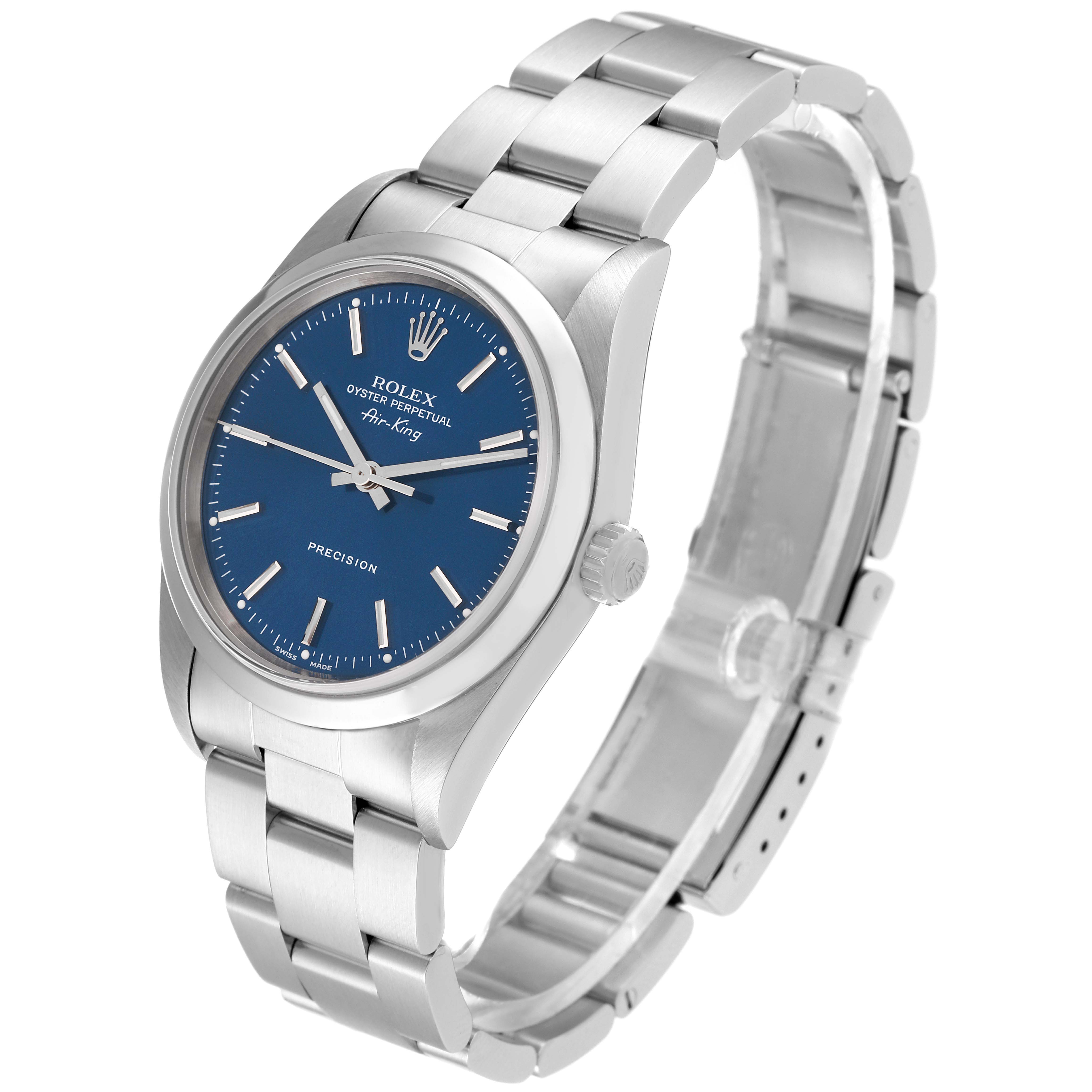 The image shows a Rolex Air-King 14000 Men's Stainless Steel Blue Dial 14000 Men's Stainless Steel Blue Dial watch at a three-quarter angle, highlighting the face, crown, and bracelet.