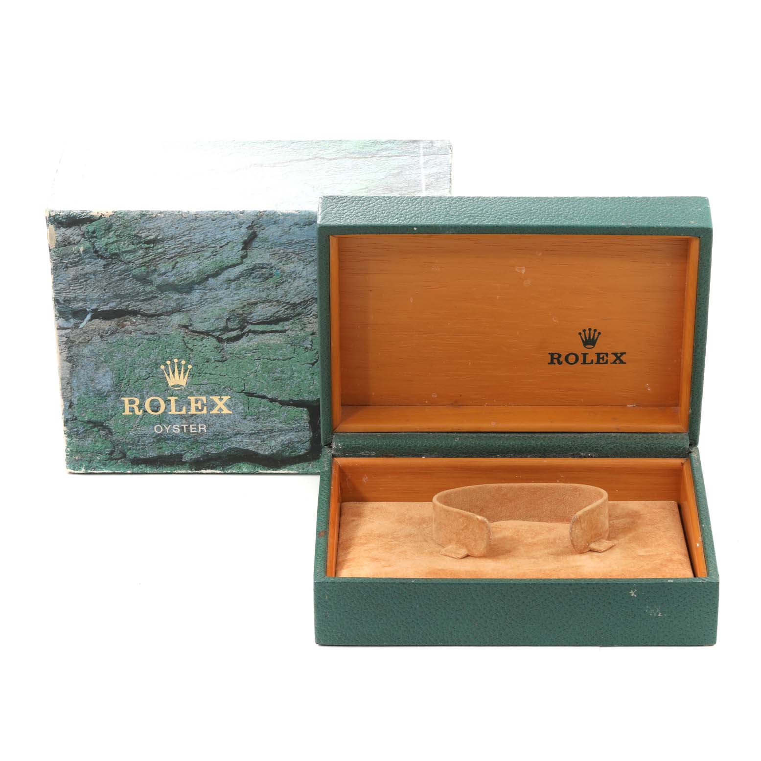 The image shows an open Rolex box and its packaging for the Air-King model, lacking the actual watch.