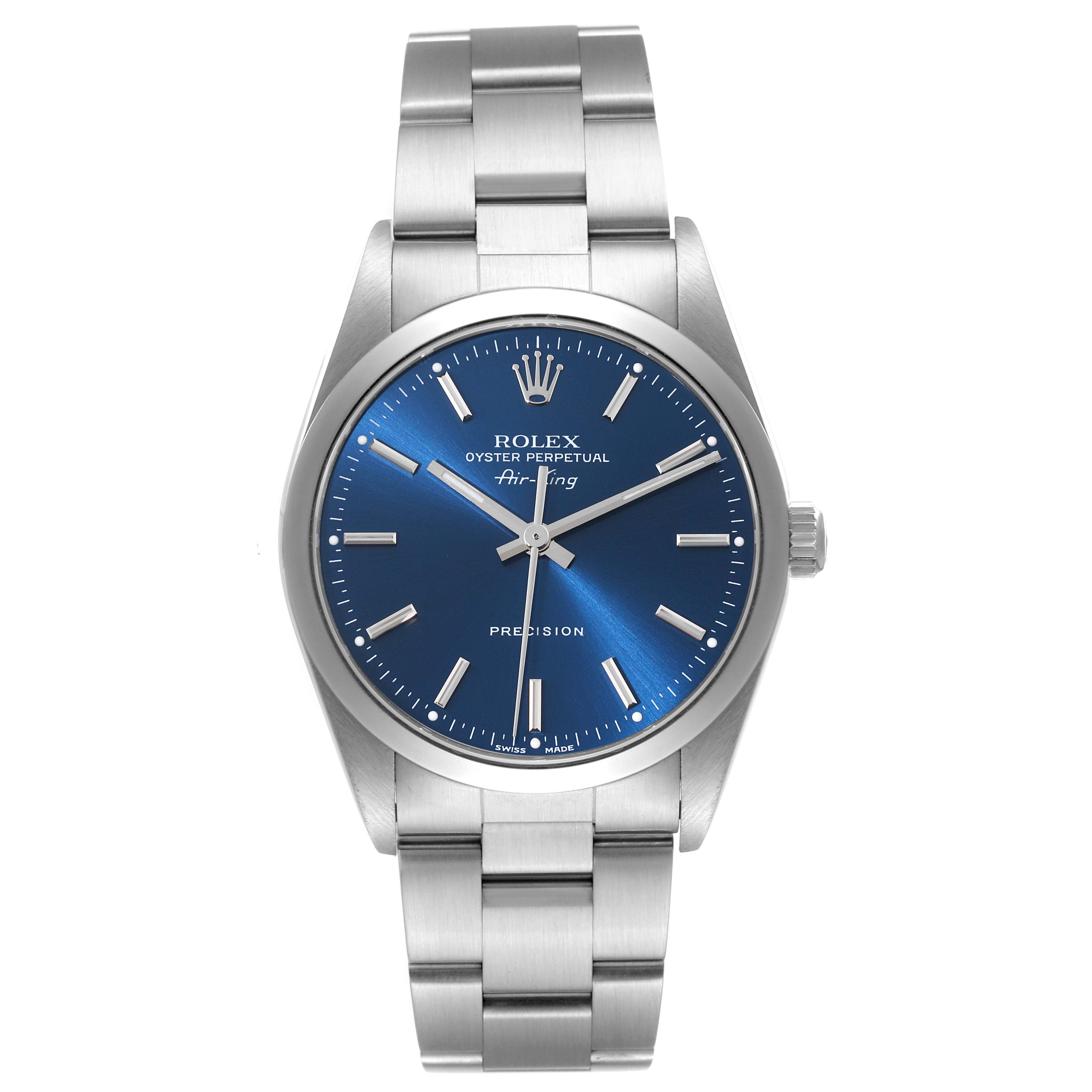 This image shows the front view of a Rolex Air-King 14000 Men's Stainless Steel Blue Dial 14000 Men's Stainless Steel Blue Dial watch, displaying its blue dial and stainless steel bracelet.