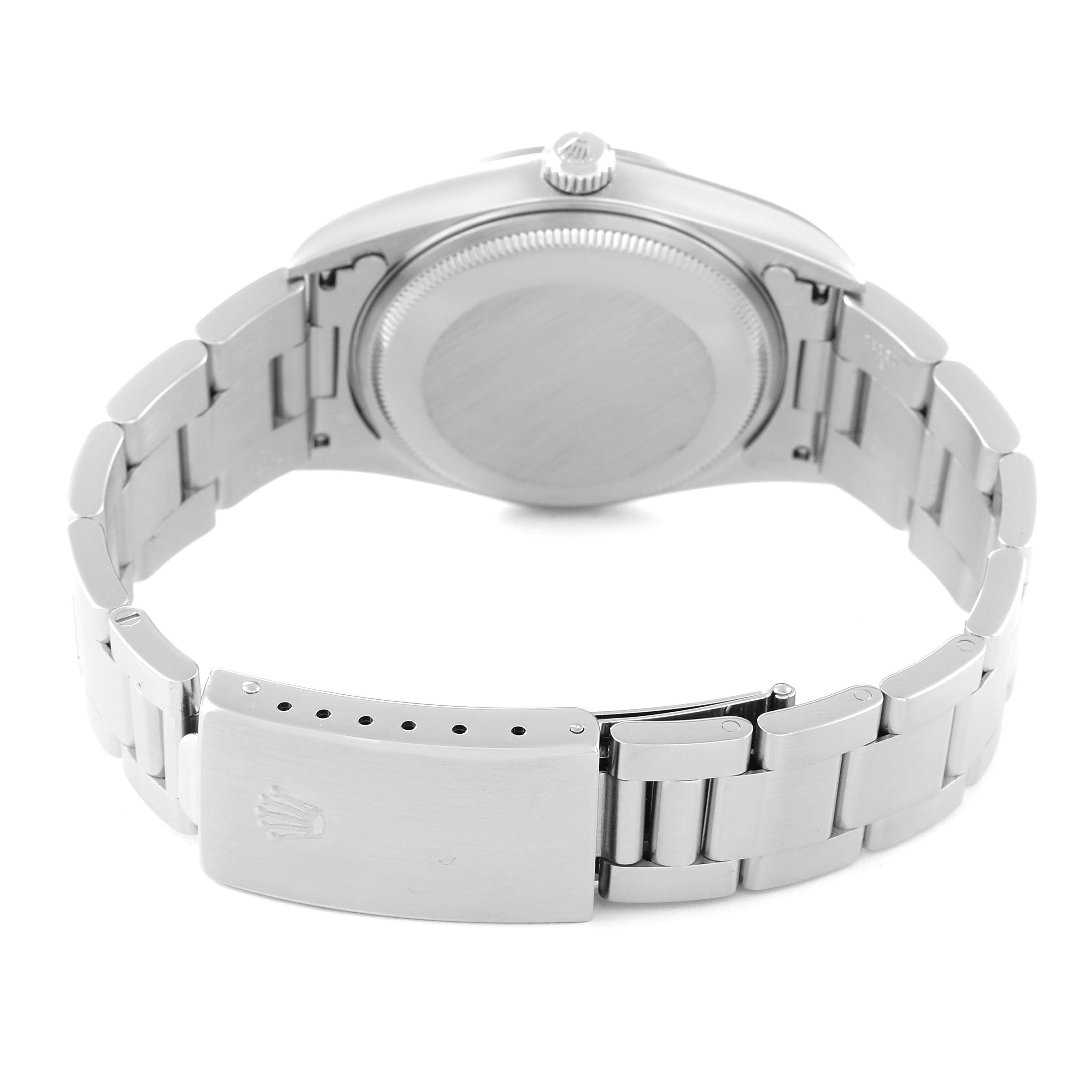 This image shows the back and bracelet clasp of the Rolex Air-King 14000 Men's Stainless Steel Blue Dial 14000 Men's Stainless Steel Blue Dial watch.