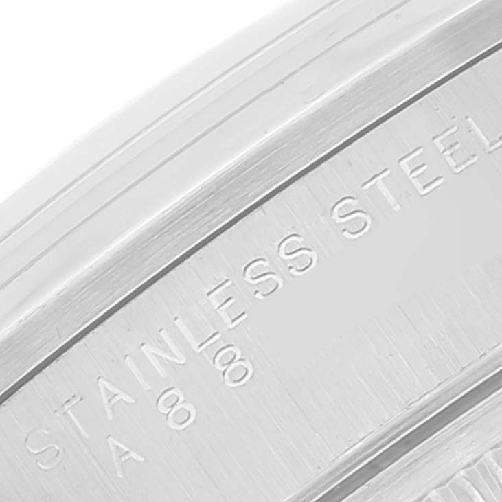 This image shows a close-up of the stainless steel engraving on the side of a Rolex Air-King 14000M Men's Stainless Steel Black Dial 14000M Men's Stainless Steel Black Dial watch.