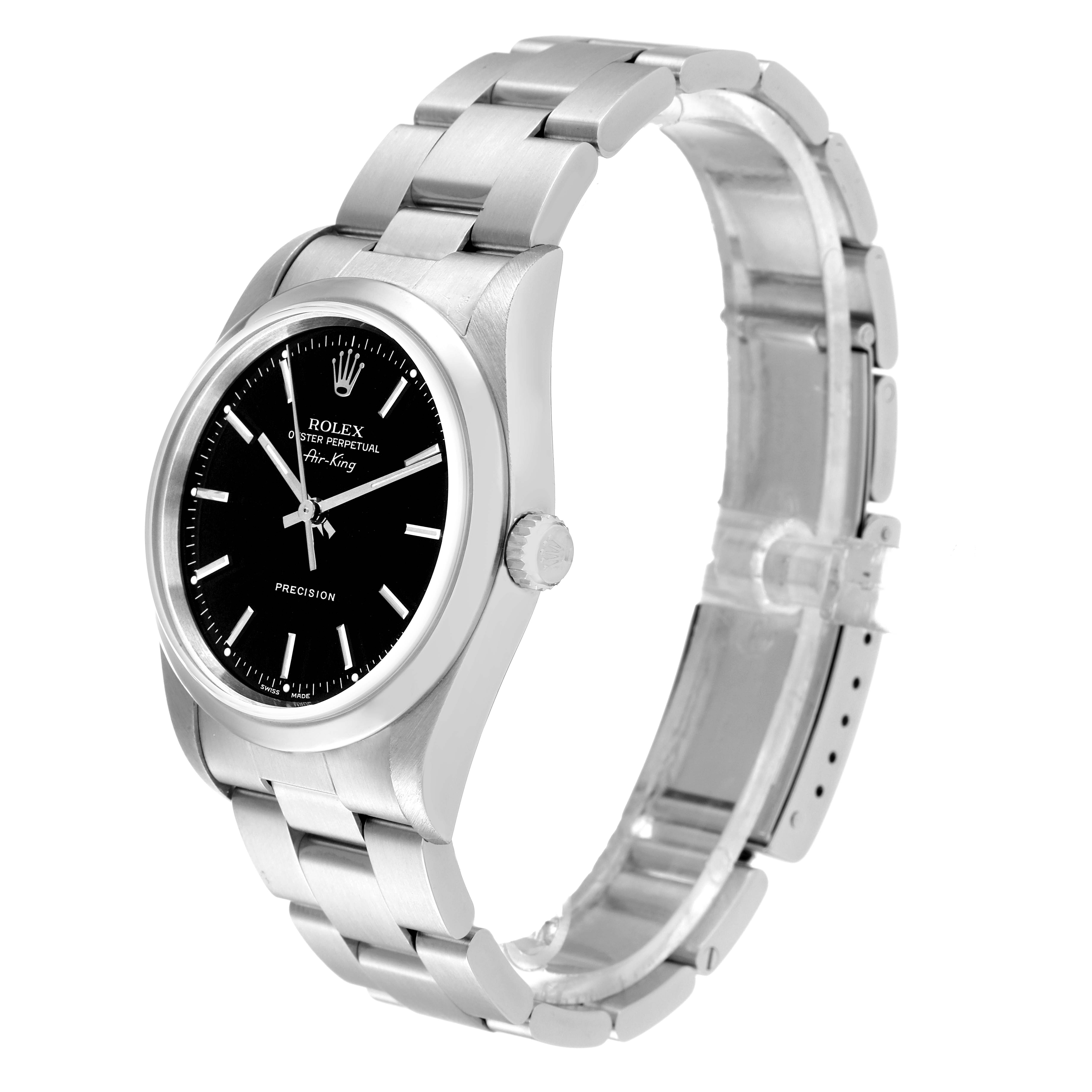 The image shows a Rolex Air-King 14000M Men's Stainless Steel Black Dial 14000M Men's Stainless Steel Black Dial watch at a slight angle, highlighting its black dial, crown, and stainless steel bracelet.