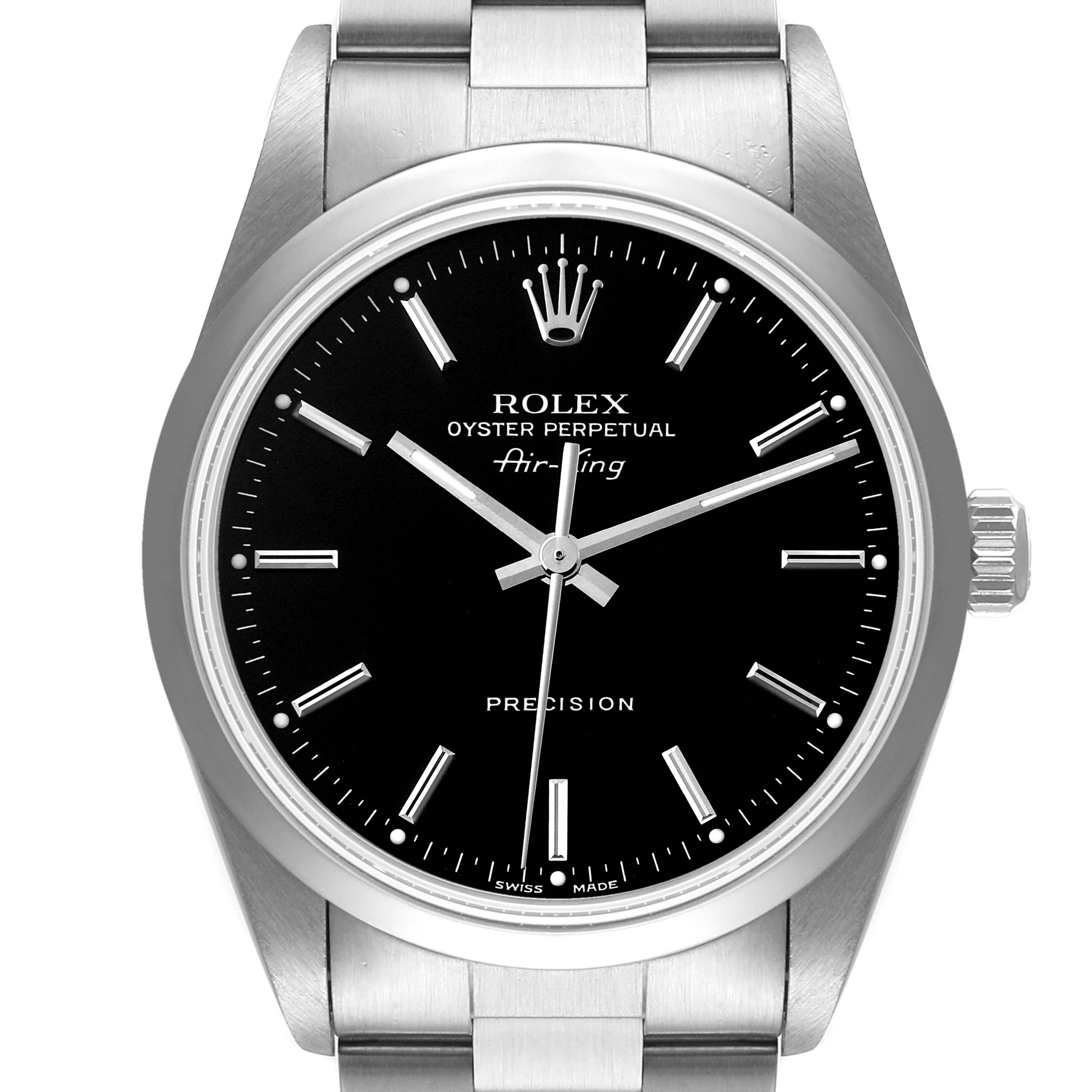 The Rolex Air-King 14000M Men's Stainless Steel Black Dial 14000M Men's Stainless Steel Black Dial watch is shown from a front angle, displaying the dial, hour markers, hands, and part of the bracelet.