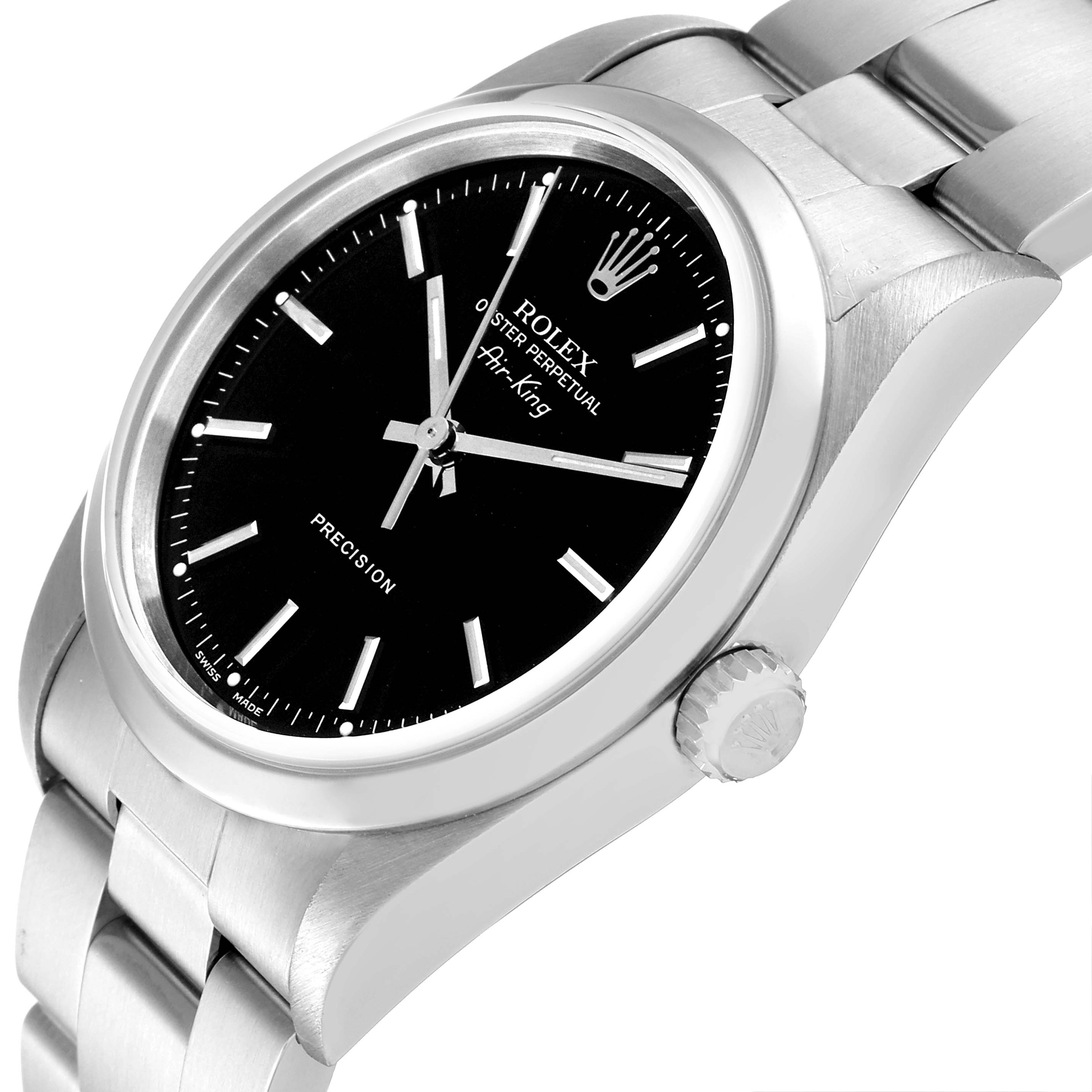 The image shows a Rolex Air-King 14000M Men's Stainless Steel Black Dial 14000M Men's Stainless Steel Black Dial watch from an angled side view, displaying the case, dial, crown, and part of the bracelet.