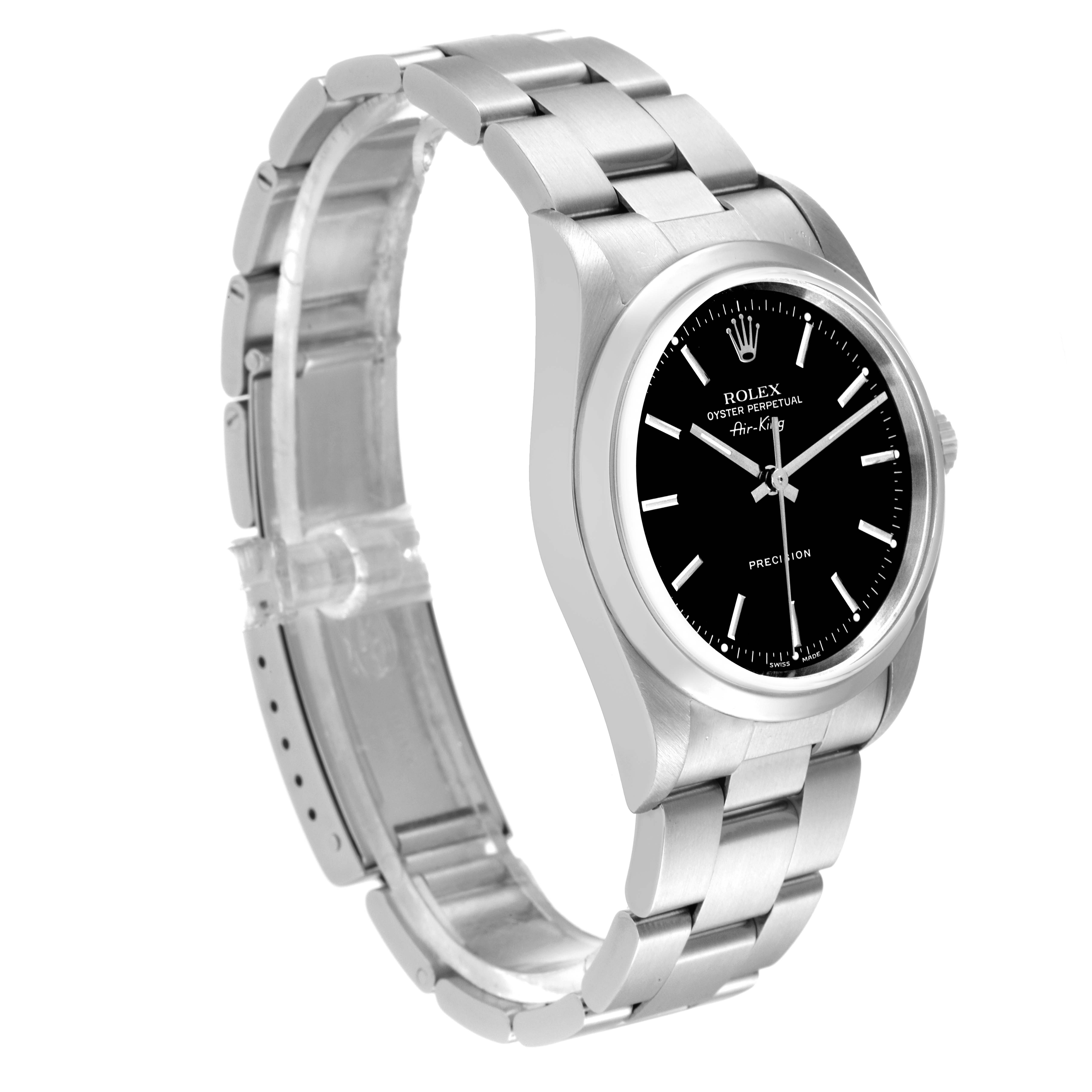 This image shows a Rolex Air-King 14000M Men's Stainless Steel Black Dial 14000M Men's Stainless Steel Black Dial watch at an angled view displaying the face, bezel, and part of the bracelet.