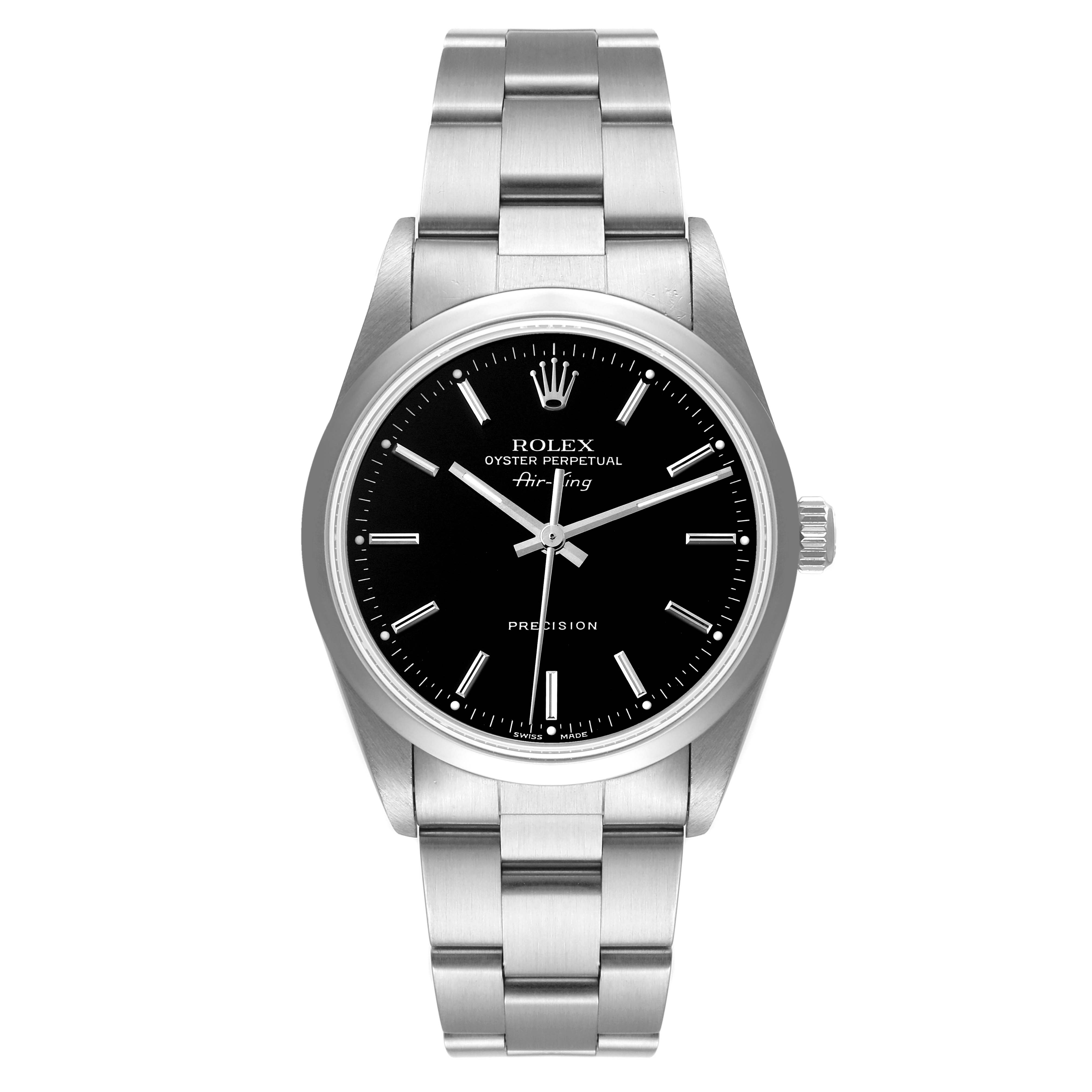 The image shows a front view of the Rolex Air-King 14000M Men's Stainless Steel Black Dial 14000M Men's Stainless Steel Black Dial watch, displaying its dial, bezel, case, and bracelet.