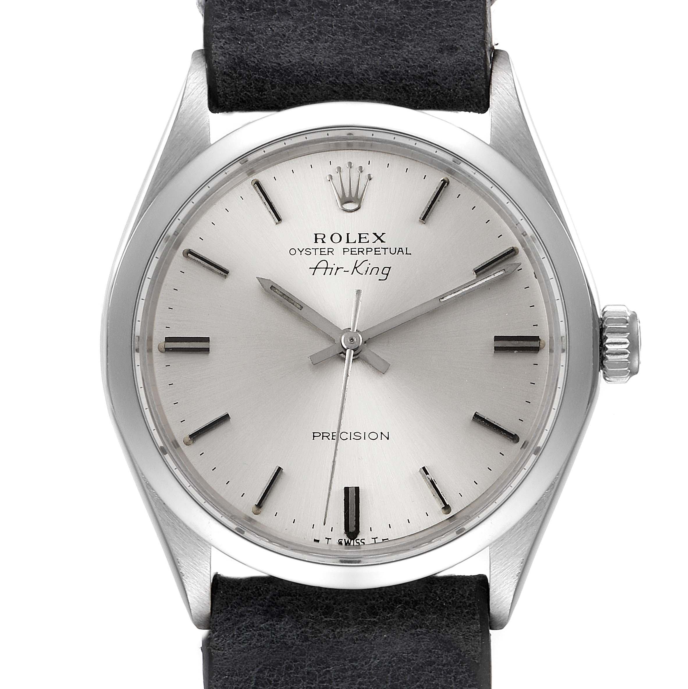 The image shows a front view of the Rolex Oyster Perpetual Air-King Vintage Collection watch, highlighting the dial, hands, and crown.