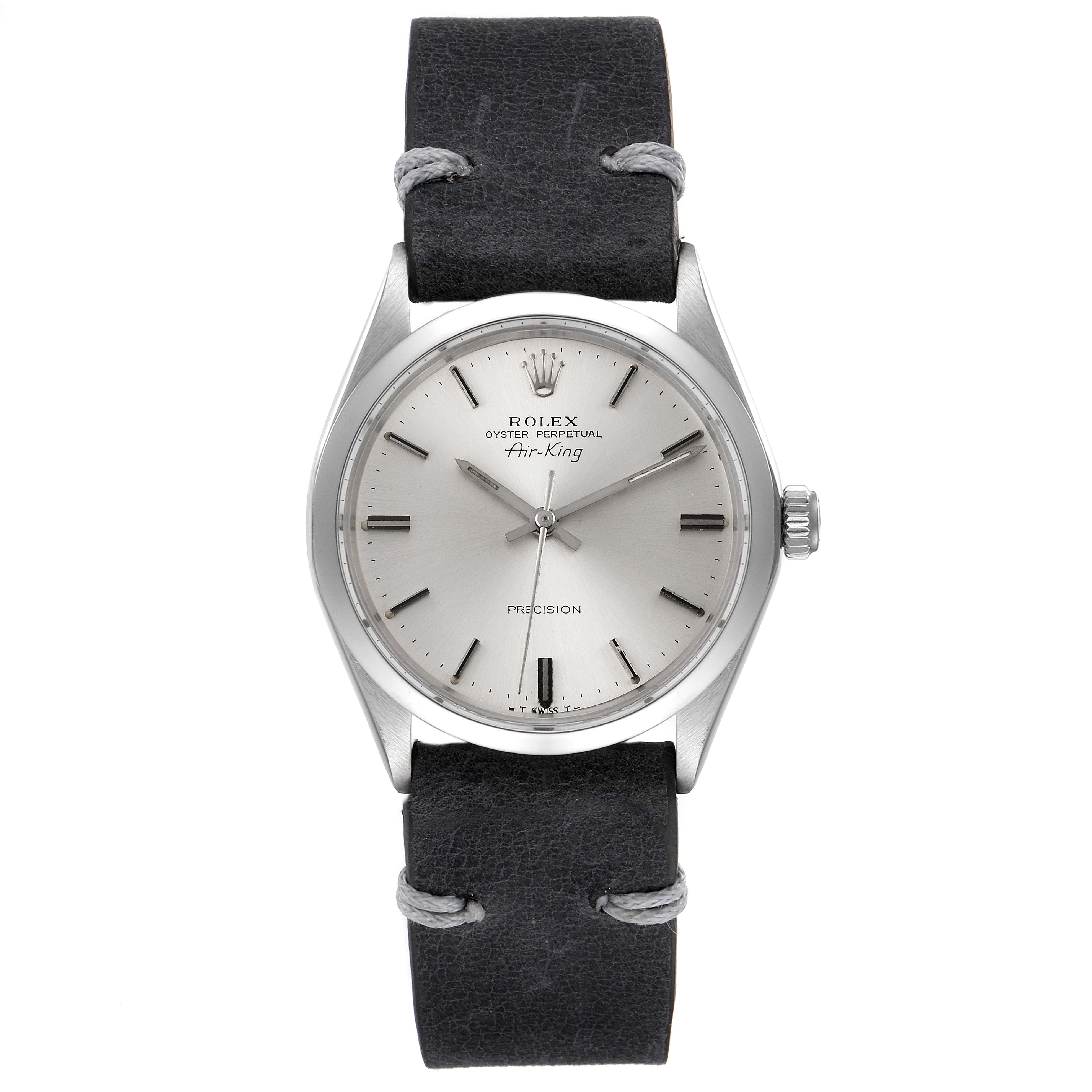 The image shows a front view of a Rolex Vintage Collection 5500 Men's Stainless Steel Silver Dial 5500 Men's Stainless Steel Silver Dial Air-King watch, featuring the dial, hands, and strap.