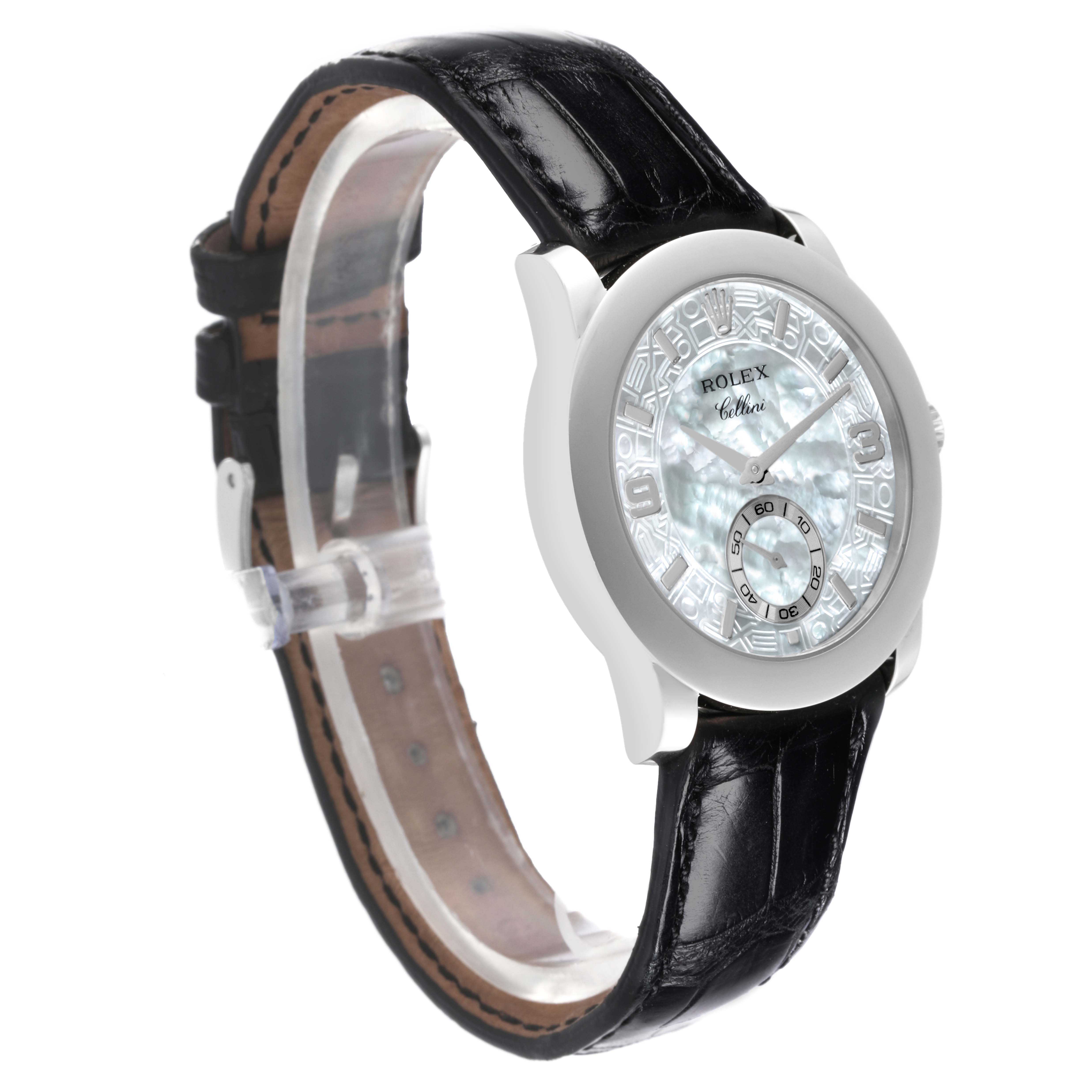 The Rolex Cellini 5240 Men's White Gold Mother of Pearl Dial 5240 Men's White Gold Mother of Pearl Dial watch is shown at a 3/4 angle, displaying its dial, case, and black leather strap.