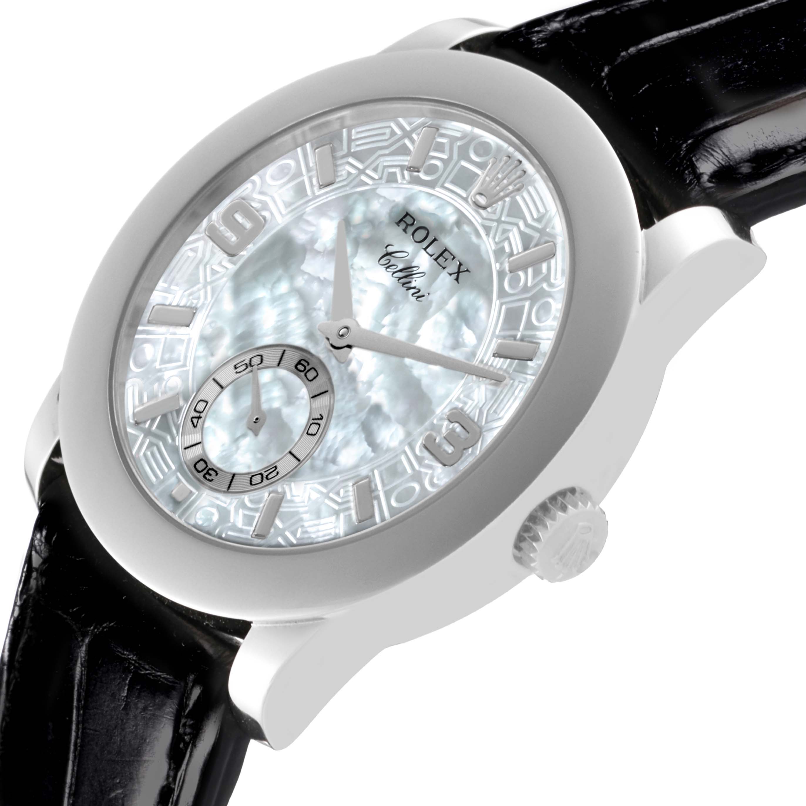 The image shows a close-up angle of a Rolex Cellini 5240 Men's White Gold Mother of Pearl Dial 5240 Men's White Gold Mother of Pearl Dial watch, highlighting its dial, crown, and black leather strap.