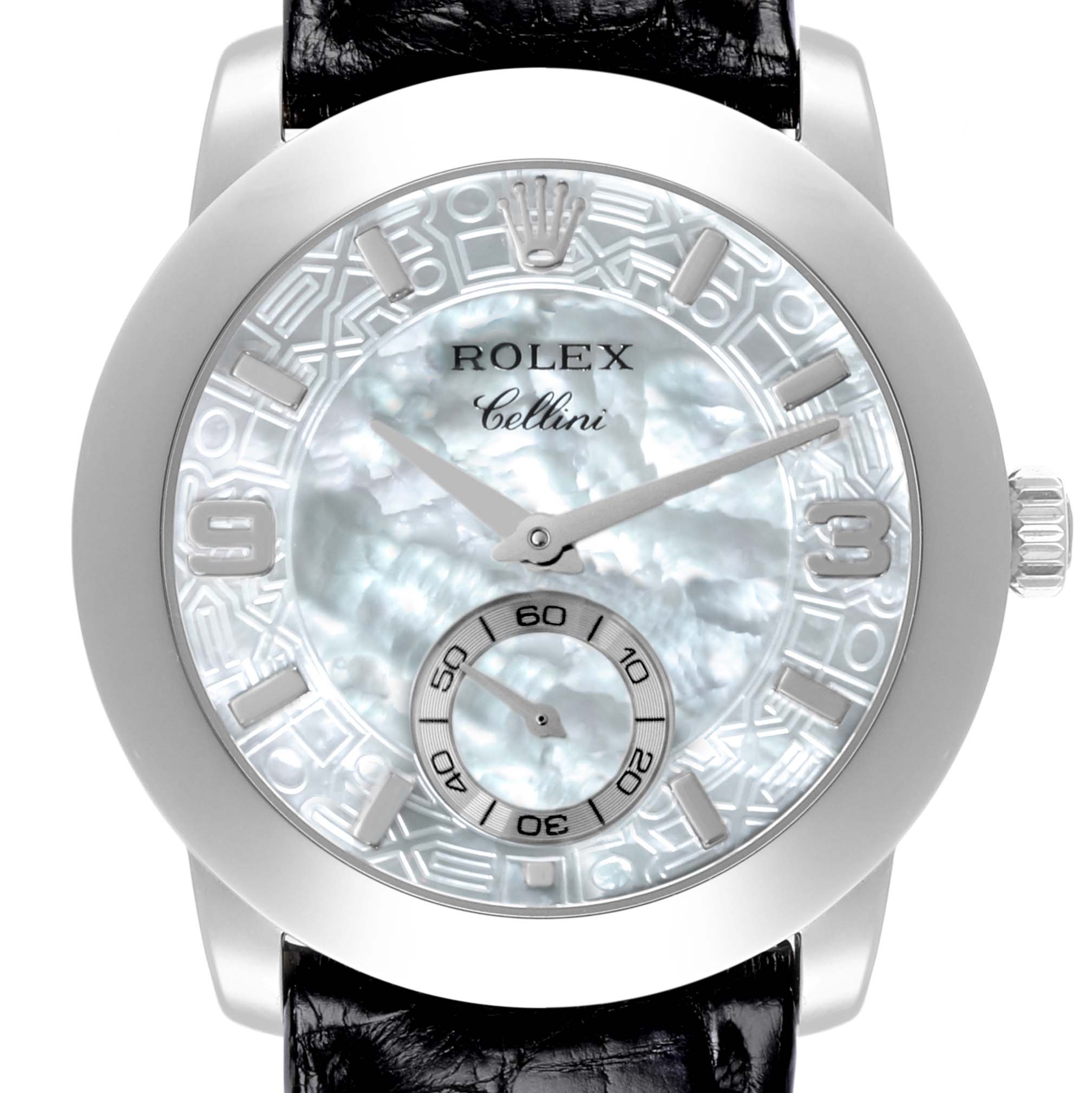 This image shows a front view of a Rolex Cellini 5240 Men's White Gold Mother of Pearl Dial 5240 Men's White Gold Mother of Pearl Dial watch, highlighting its face, hands, crown, and part of the black leather strap.
