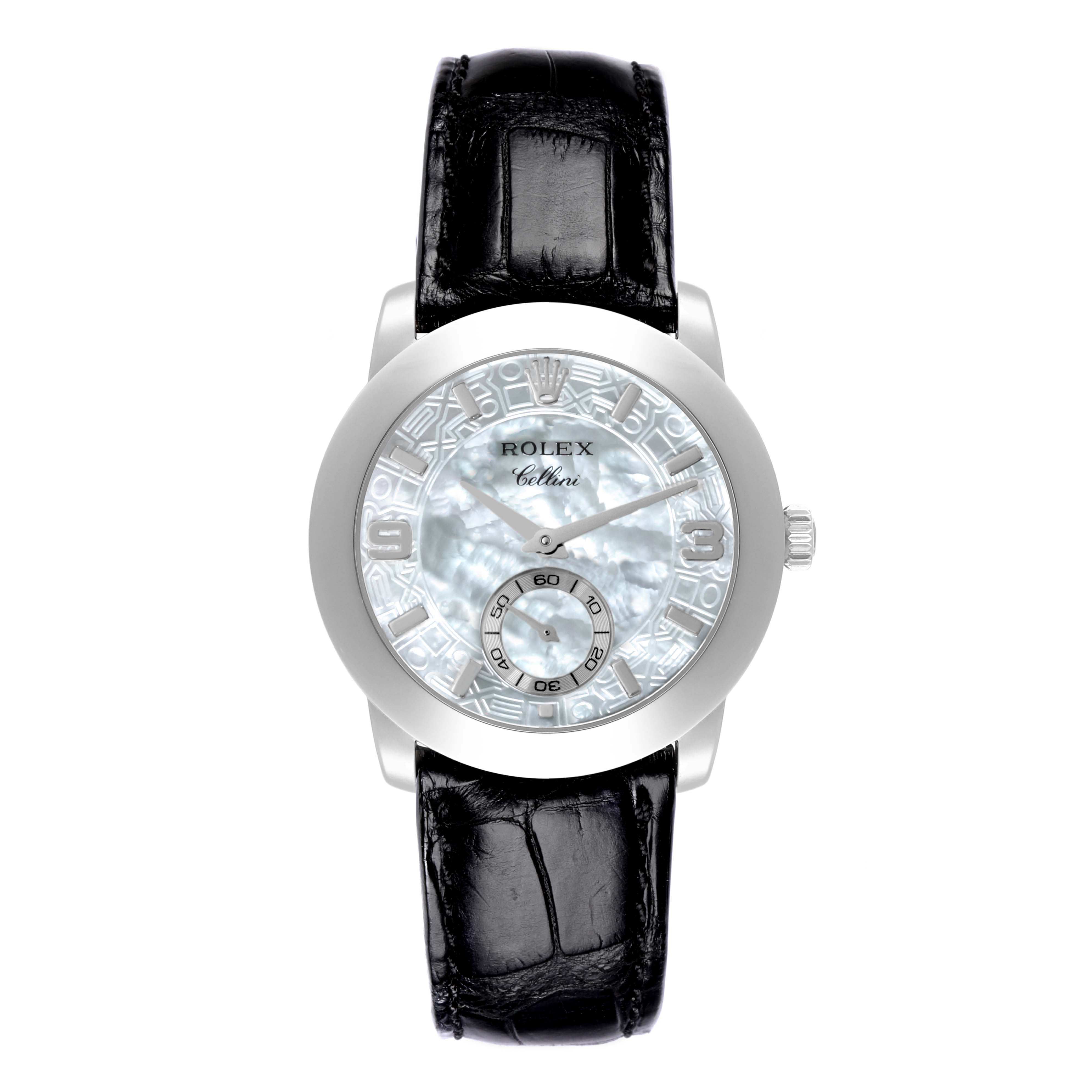 The image shows a top view of a Rolex Cellini 5240 Men's White Gold Mother of Pearl Dial 5240 Men's White Gold Mother of Pearl Dial watch, featuring a leather strap and an ornate dial.