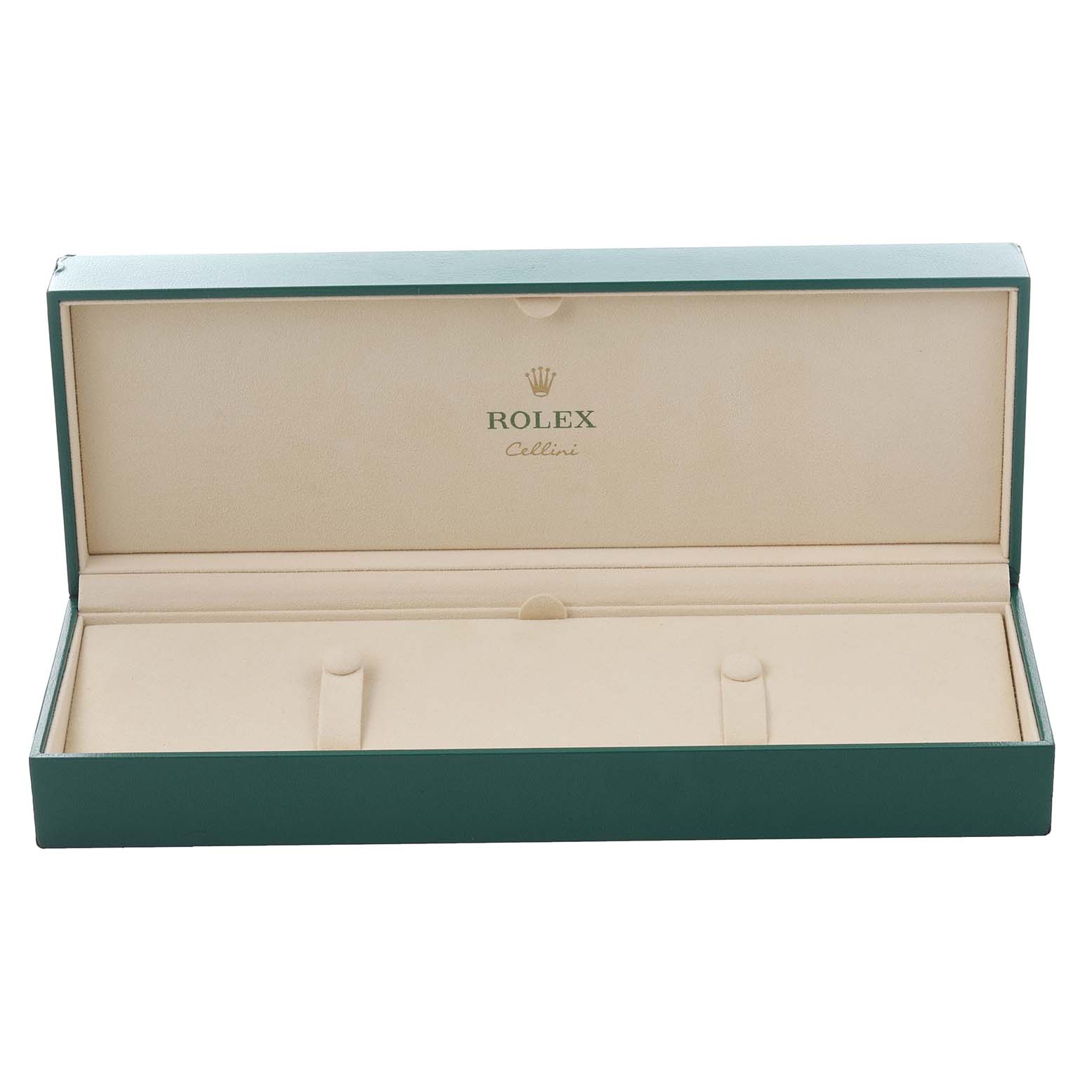 The image shows an open Rolex Cellini 5240 Men's White Gold Mother of Pearl Dial 5240 Men's White Gold Mother of Pearl Dial watch box from a top-front angle, revealing its inner compartments and logo.