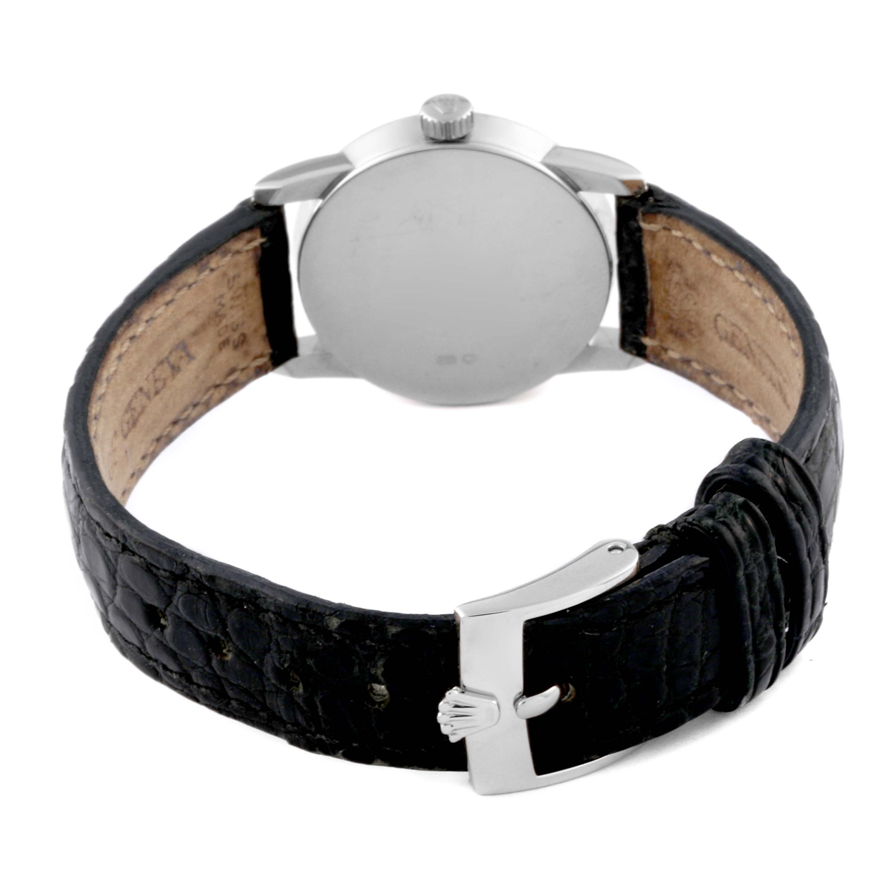 This image shows the back view of a Rolex Cellini 6111 Women's White Gold Mother of Pearl Dial 6111 Women's White Gold Mother of Pearl Dial watch, highlighting its leather strap and buckle.