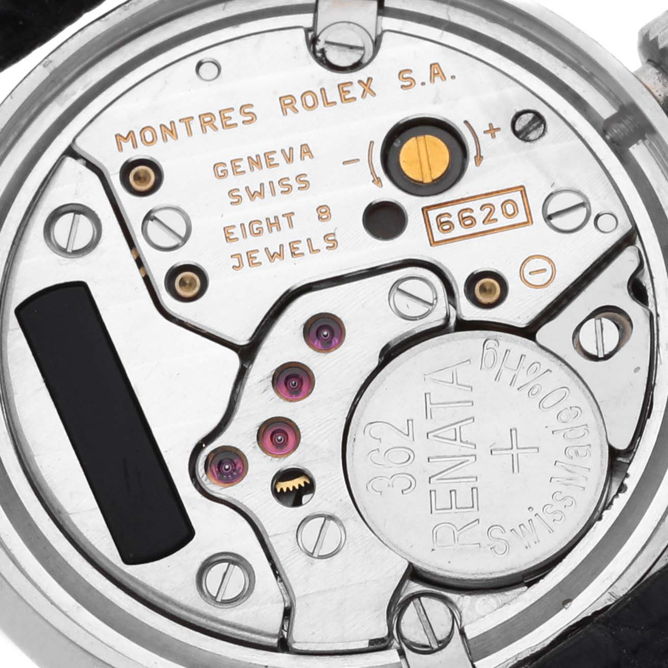 This image shows a close-up of the movement and internal mechanics of a Rolex Cellini 6111 Women's White Gold Mother of Pearl Dial 6111 Women's White Gold Mother of Pearl Dial watch.