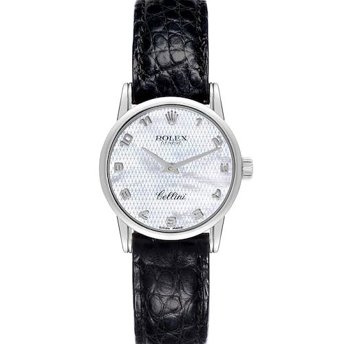 The Rolex Cellini watch is shown from a front angle, featuring its dial, case, and leather strap.