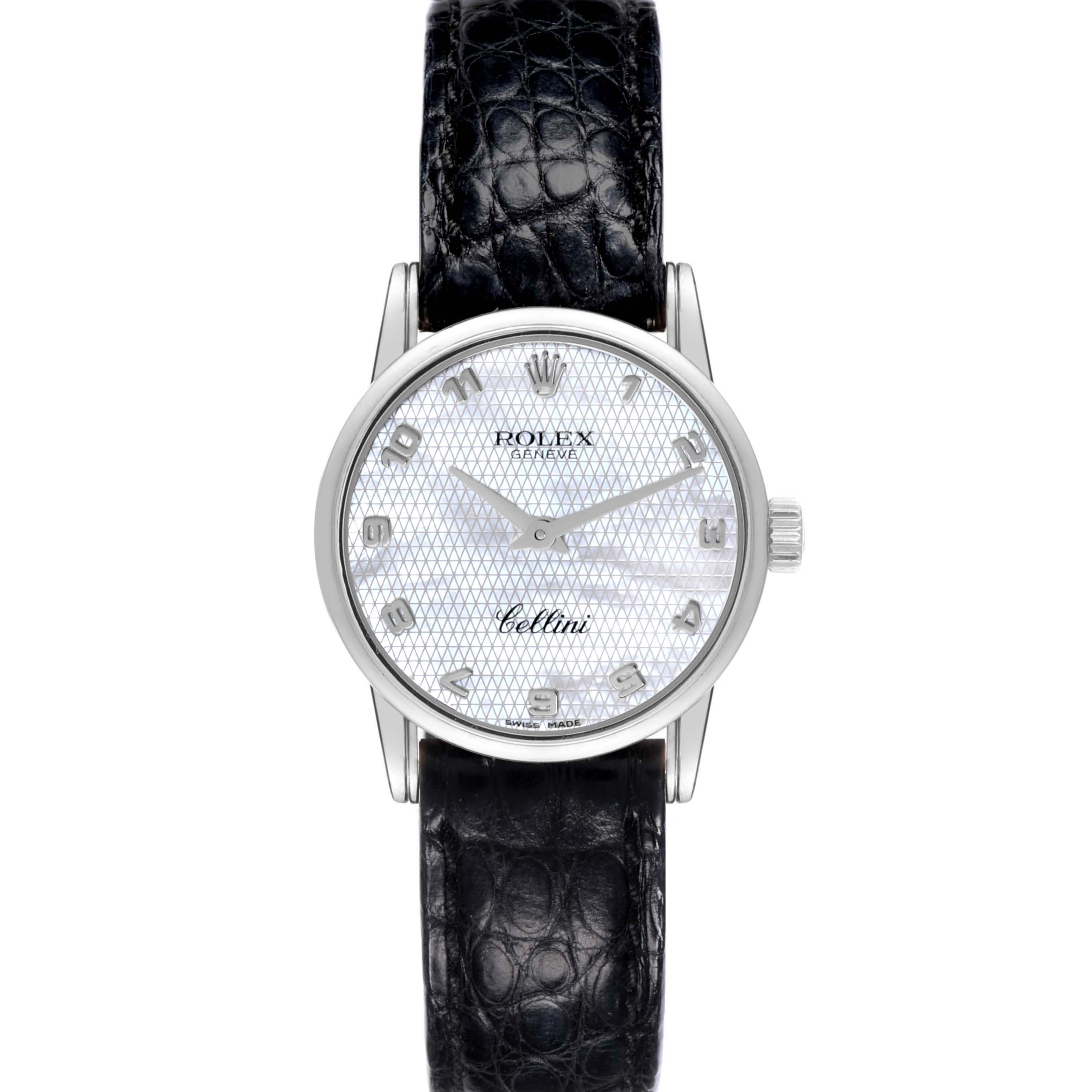 The Rolex Cellini 6111 Women's White Gold Mother of Pearl Dial 6111 Women's White Gold Mother of Pearl Dial watch is displayed front-on, showing the face, dial, case, crown, and black leather strap.