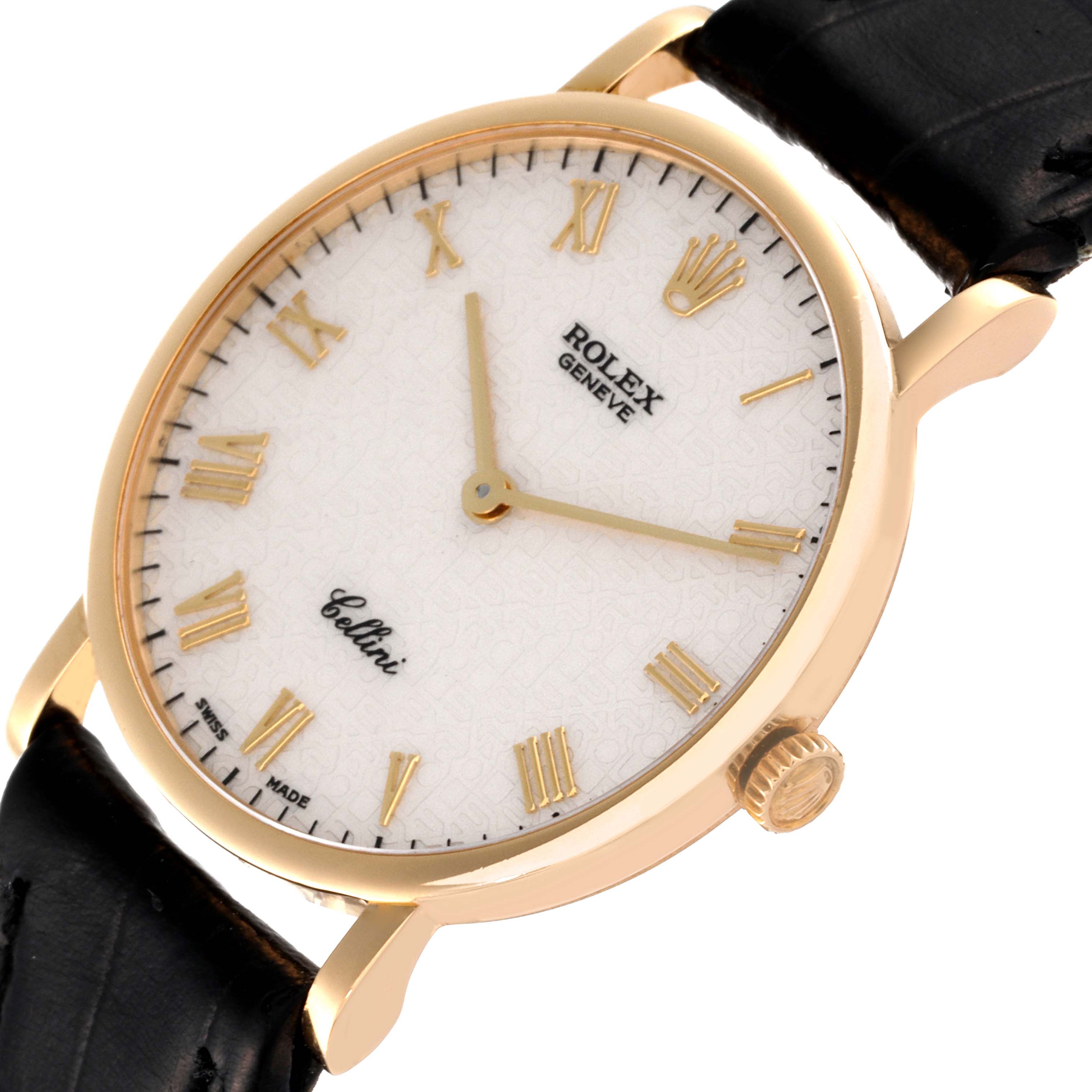 The Rolex Cellini 5112 Men's Yellow Gold Beige Dial 5112 Men's Yellow Gold Beige Dial watch is shown at an angled close-up, highlighting its white dial, gold Roman numerals, and black leather strap.