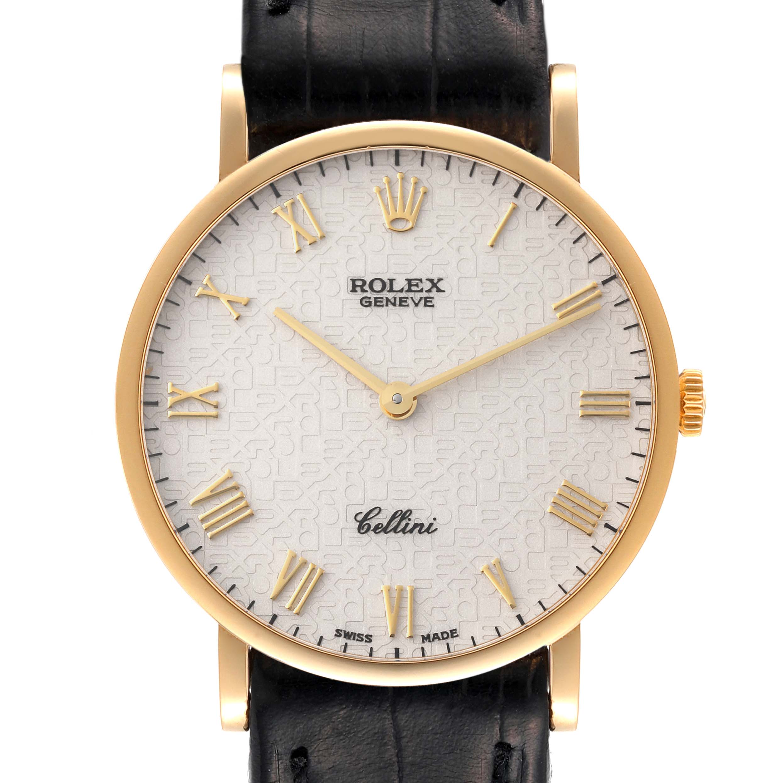 This is a close-up front view of a Rolex Cellini 5112 Men's Yellow Gold Beige Dial 5112 Men's Yellow Gold Beige Dial watch, featuring its dial, hands, crown, and part of the leather strap.