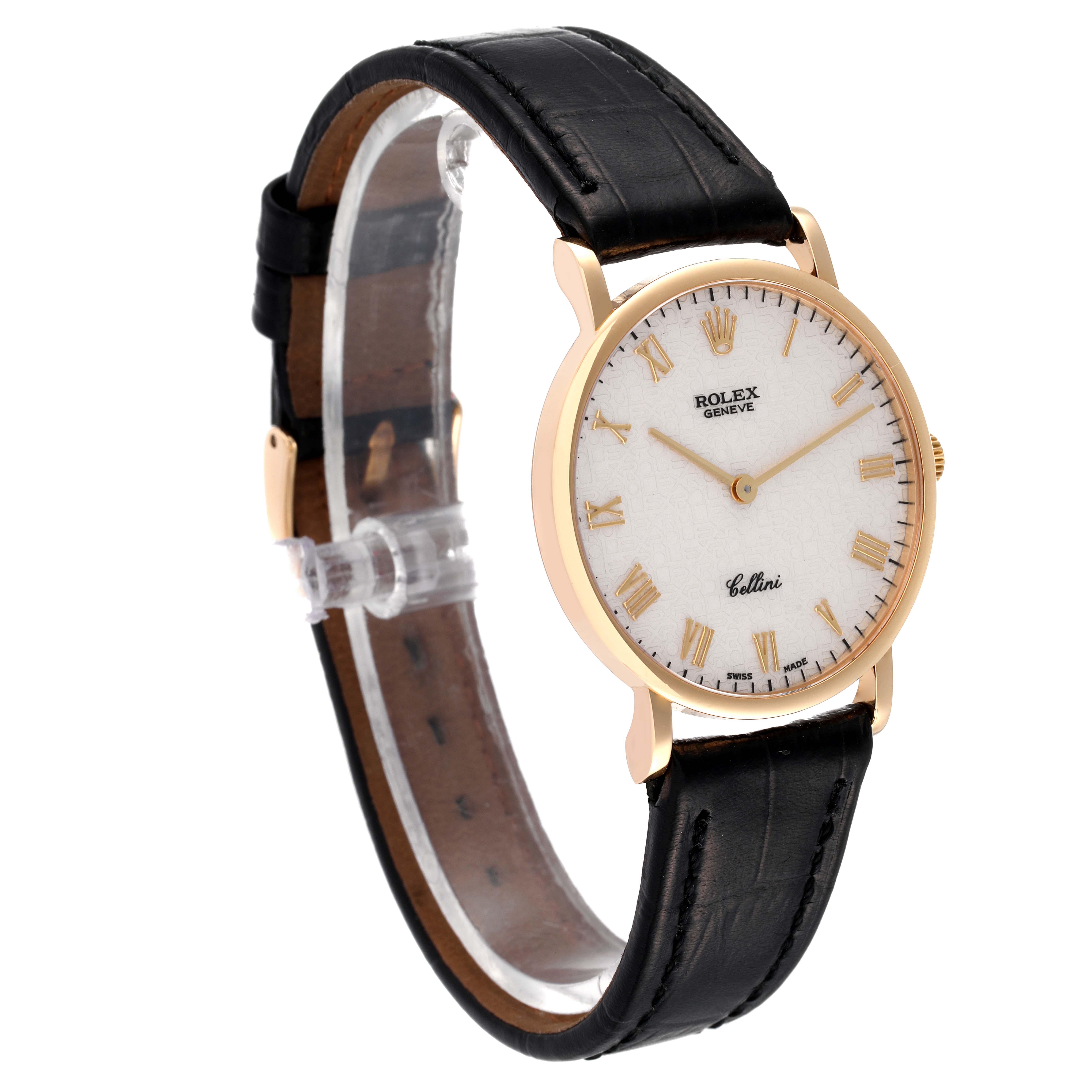 The Rolex Cellini 5112 Men's Yellow Gold Beige Dial 5112 Men's Yellow Gold Beige Dial watch is shown at a slight angle, displaying its dial, bezel, and leather strap.