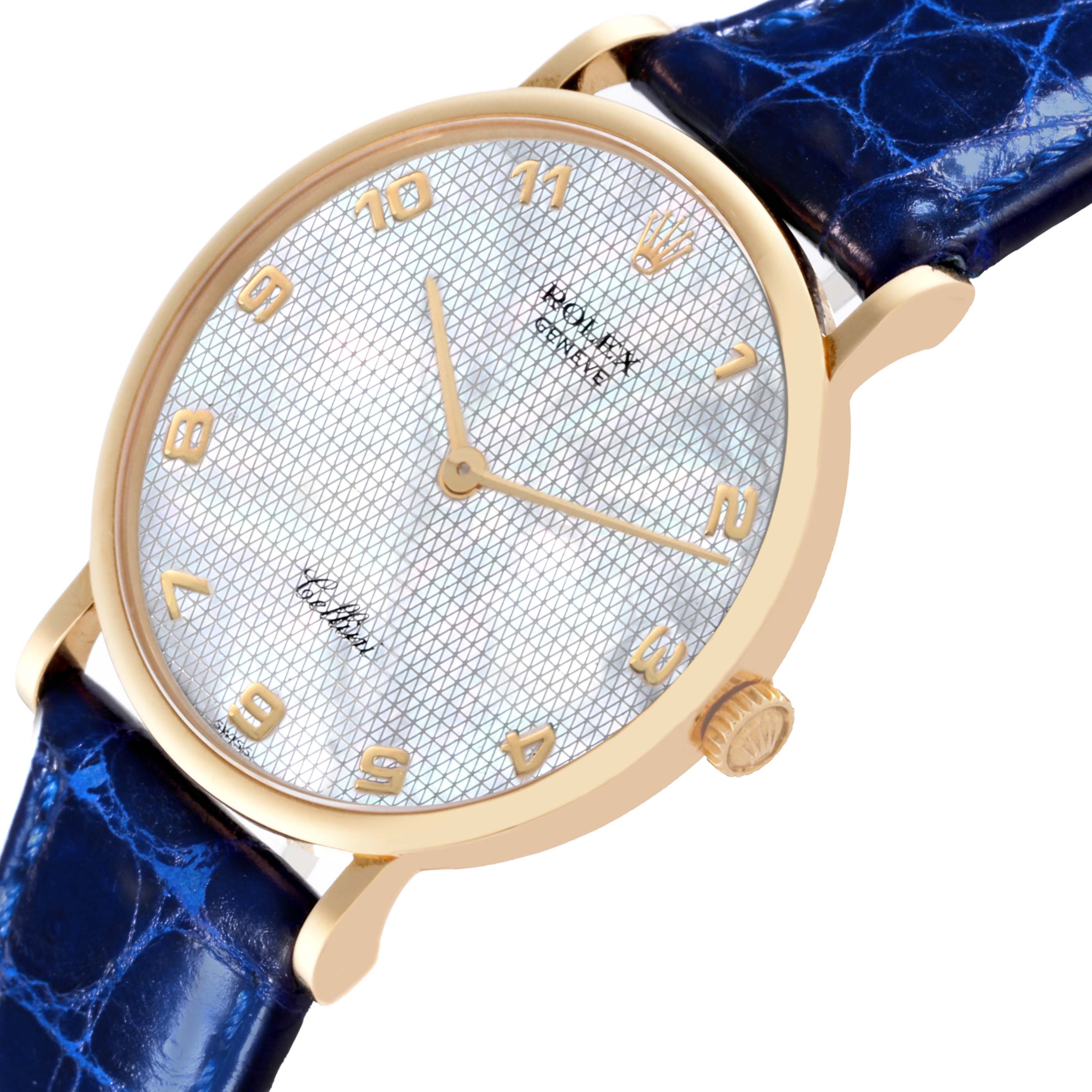 The Rolex Cellini 5112 Men's Yellow Gold Mother of Pearl Dial 5112 Men's Yellow Gold Mother of Pearl Dial watch is shown at a slight angle, displaying the face, crown, and upper part of the blue leather strap.
