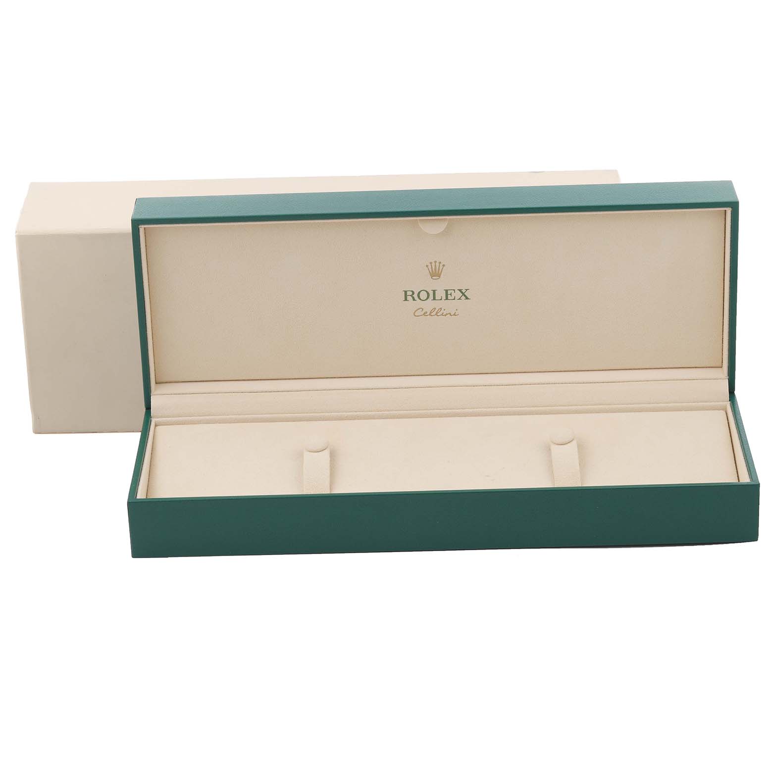 This image shows an open Rolex Cellini 5112 Men's Yellow Gold Mother of Pearl Dial 5112 Men's Yellow Gold Mother of Pearl Dial watch box with the lid open, displaying the interior compartments.