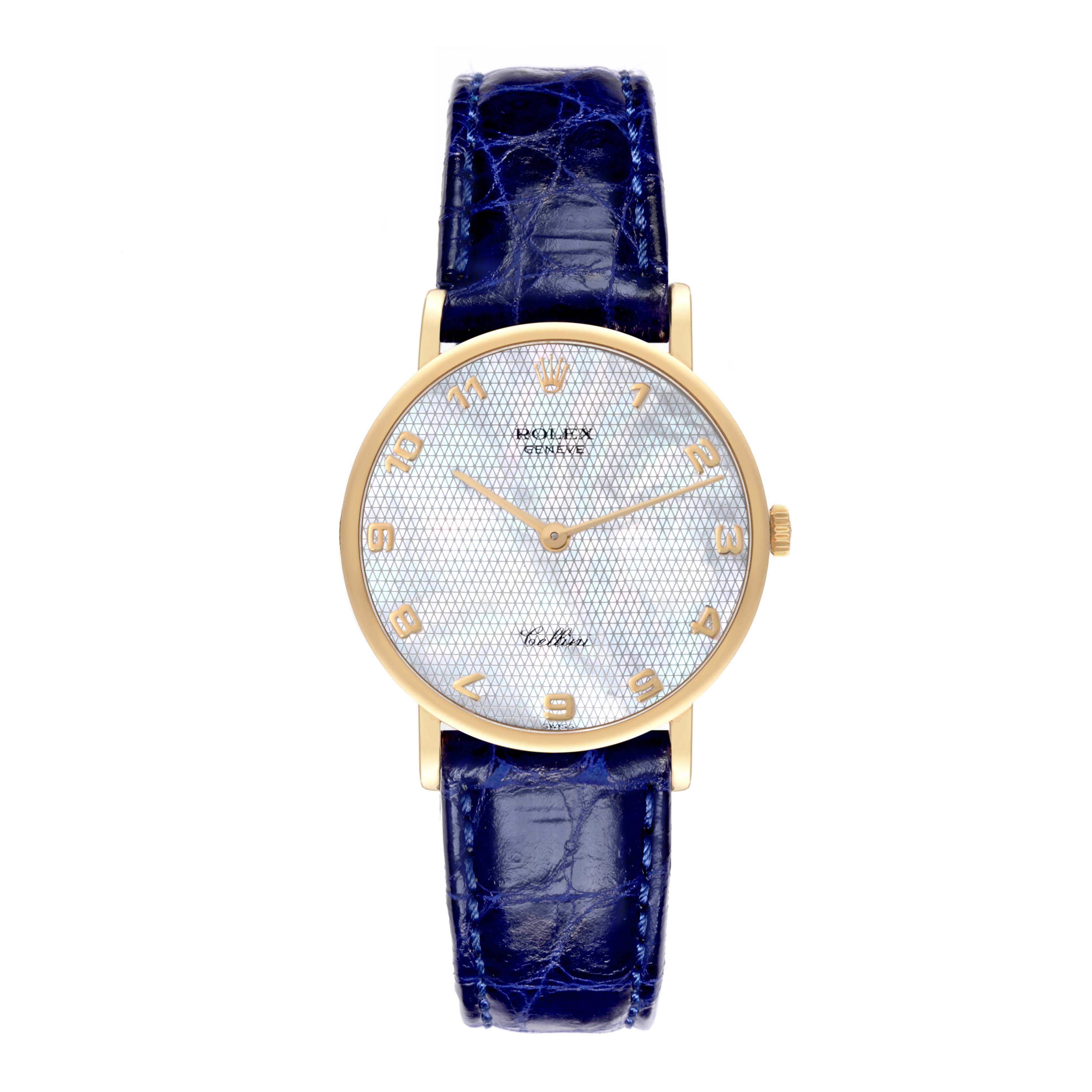 The image shows a front view of a Rolex Cellini 5112 Men's Yellow Gold Mother of Pearl Dial 5112 Men's Yellow Gold Mother of Pearl Dial watch, showcasing its face, hands, gold case, and blue strap.