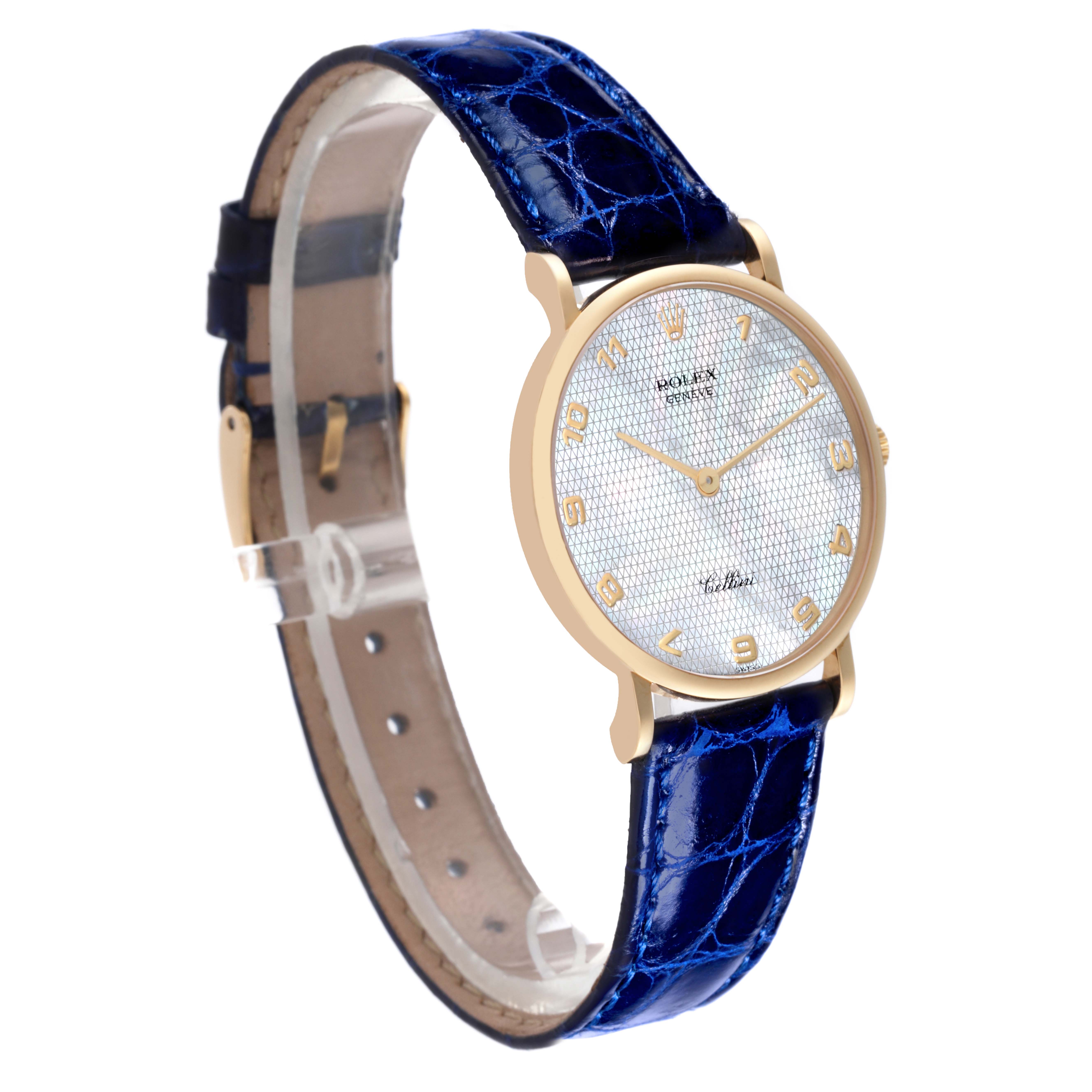 The Rolex Cellini 5112 Men's Yellow Gold Mother of Pearl Dial 5112 Men's Yellow Gold Mother of Pearl Dial watch is shown at an angled view, displaying the front dial and blue leather strap.