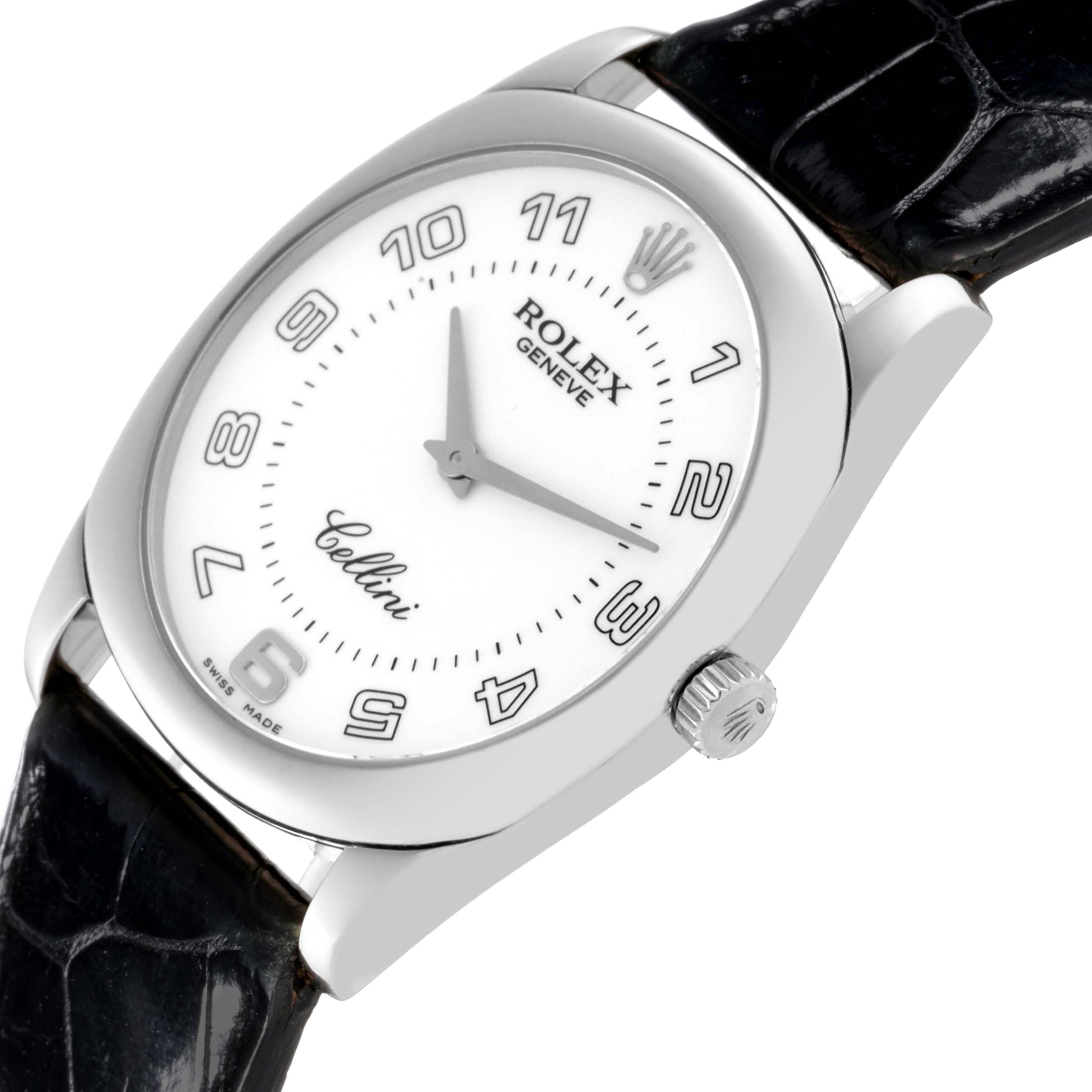 The Rolex Cellini 4233/9 Men's White Gold White Dial 4233/9 Men's White Gold White Dial watch is shown at an angled top-down view, featuring its bezel, dial, hands, and part of the leather strap.