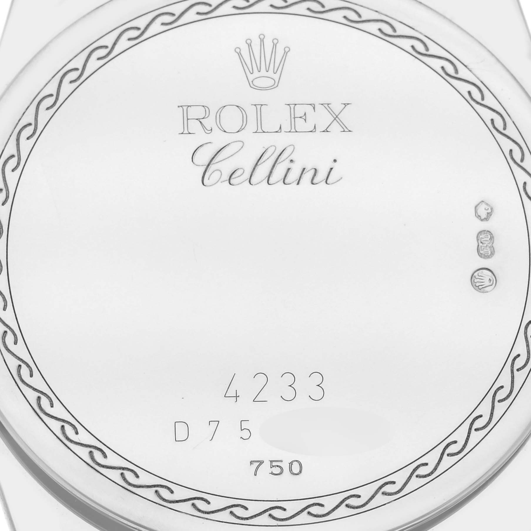 This image shows the back case of a Rolex Cellini 4233/9 Men's White Gold White Dial 4233/9 Men's White Gold White Dial watch, displaying the brand name, model name, and various inscriptions.