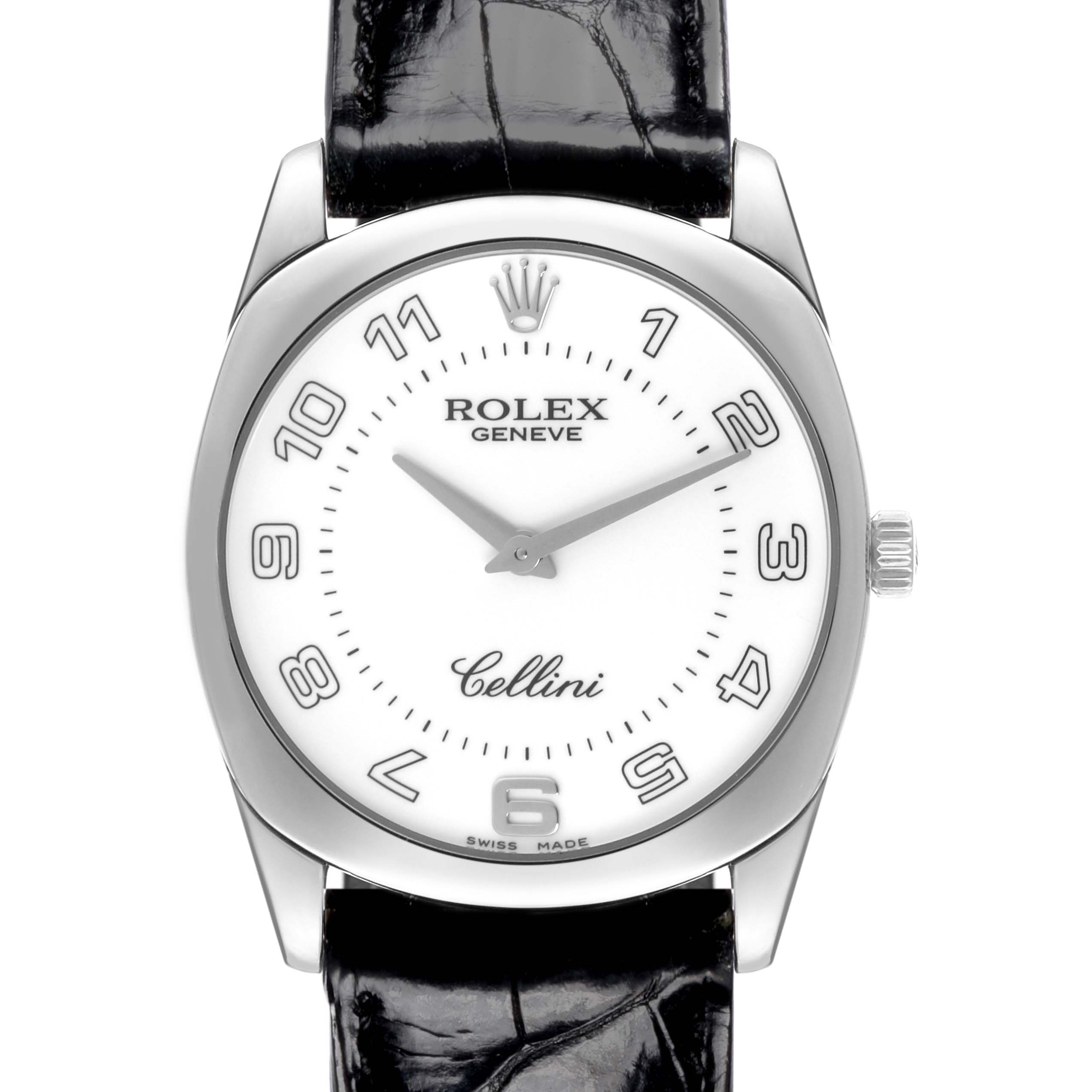 This image shows a front view of a Rolex Cellini 4233/9 Men's White Gold White Dial 4233/9 Men's White Gold White Dial watch, highlighting its dial, case, and leather strap.