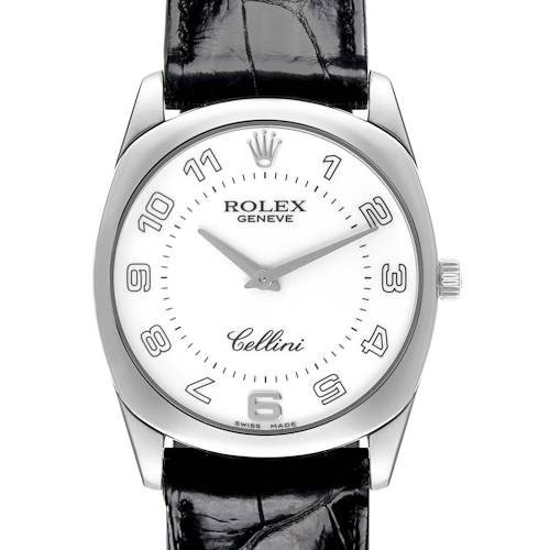 The Rolex Cellini watch is shown from the front, displaying its dial, hands, case, and part of the leather strap.