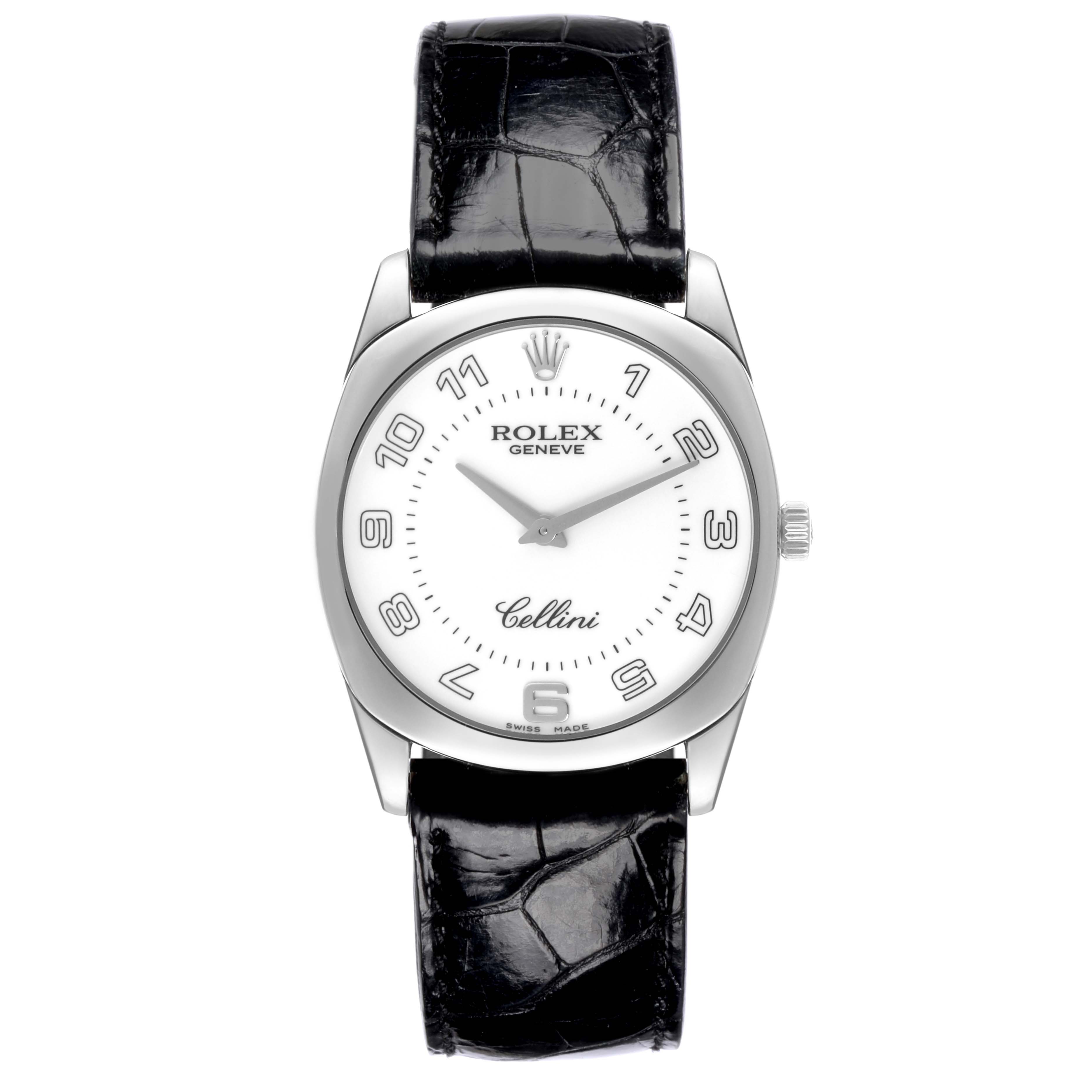 The image shows a front view of the Rolex Cellini 4233/9 Men's White Gold White Dial 4233/9 Men's White Gold White Dial watch, displaying the face, bezel, and black leather strap.