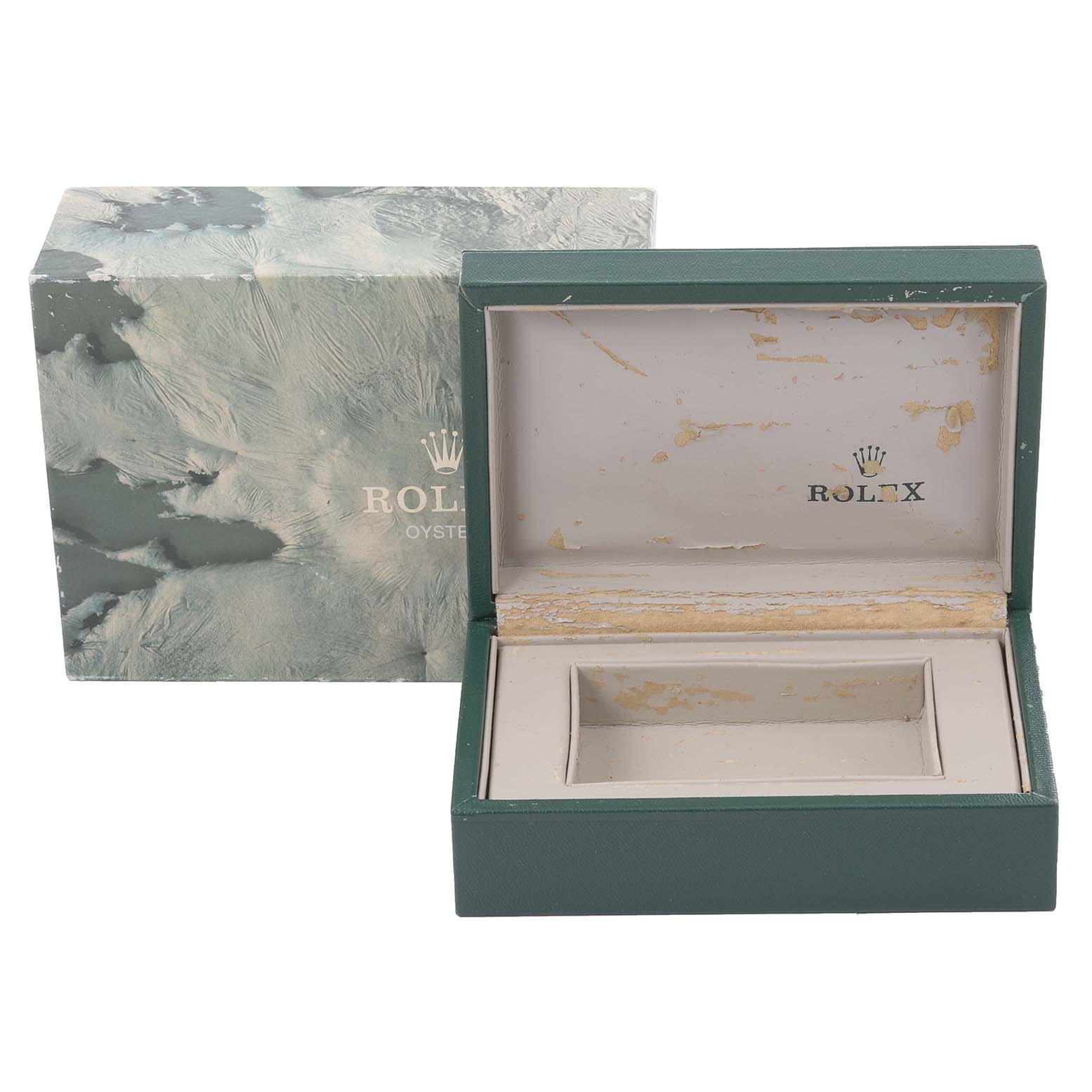 The image shows an open Rolex Cellini 4233/9 Men's White Gold White Dial 4233/9 Men's White Gold White Dial watch box and its outer packaging, viewed from the front.