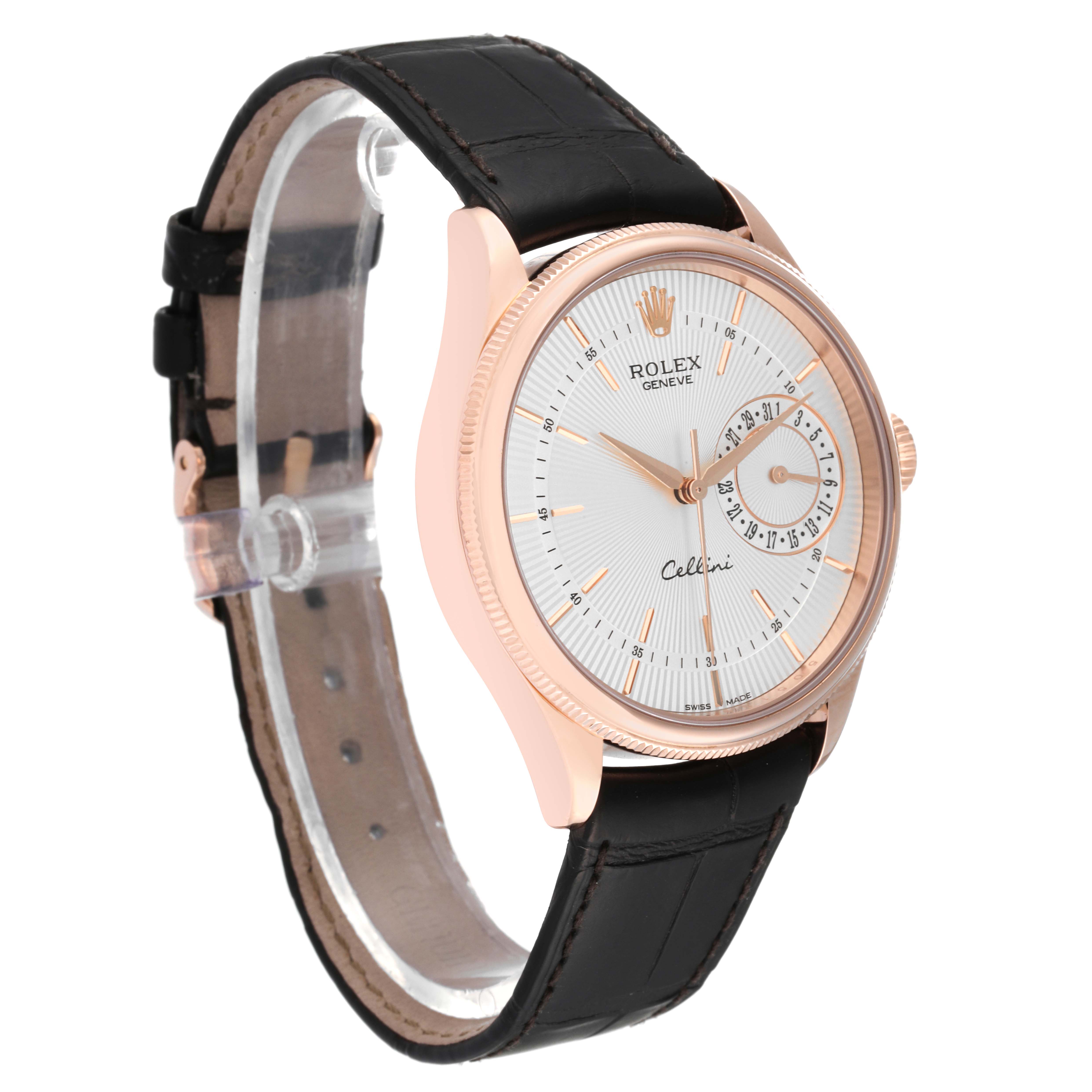 The image shows a side angle of the Rolex Cellini 50515 Men's Rose Gold Silver Dial 50515 Men's Rose Gold Silver Dial watch, featuring its dial, case, and leather strap.