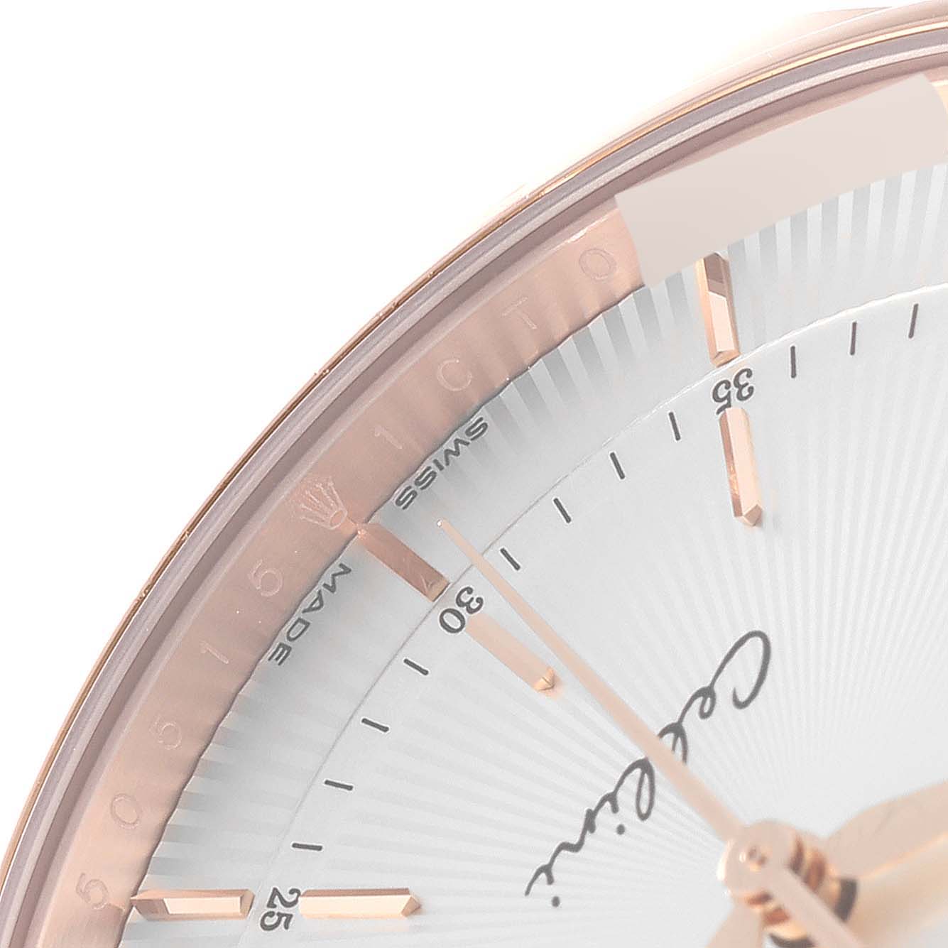 The image shows a close-up of the dial and part of the bezel of a Rolex Cellini 50515 Men's Rose Gold Silver Dial 50515 Men's Rose Gold Silver Dial watch.