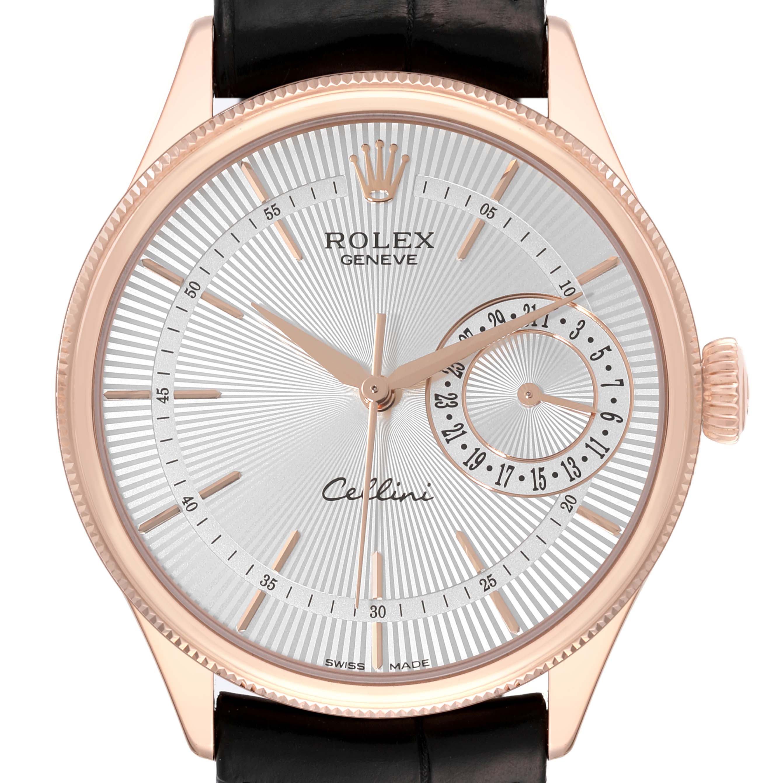 The image shows a front view of a Rolex Cellini 50515 Men's Rose Gold Silver Dial 50515 Men's Rose Gold Silver Dial watch, highlighting its dial, hands, and crown.