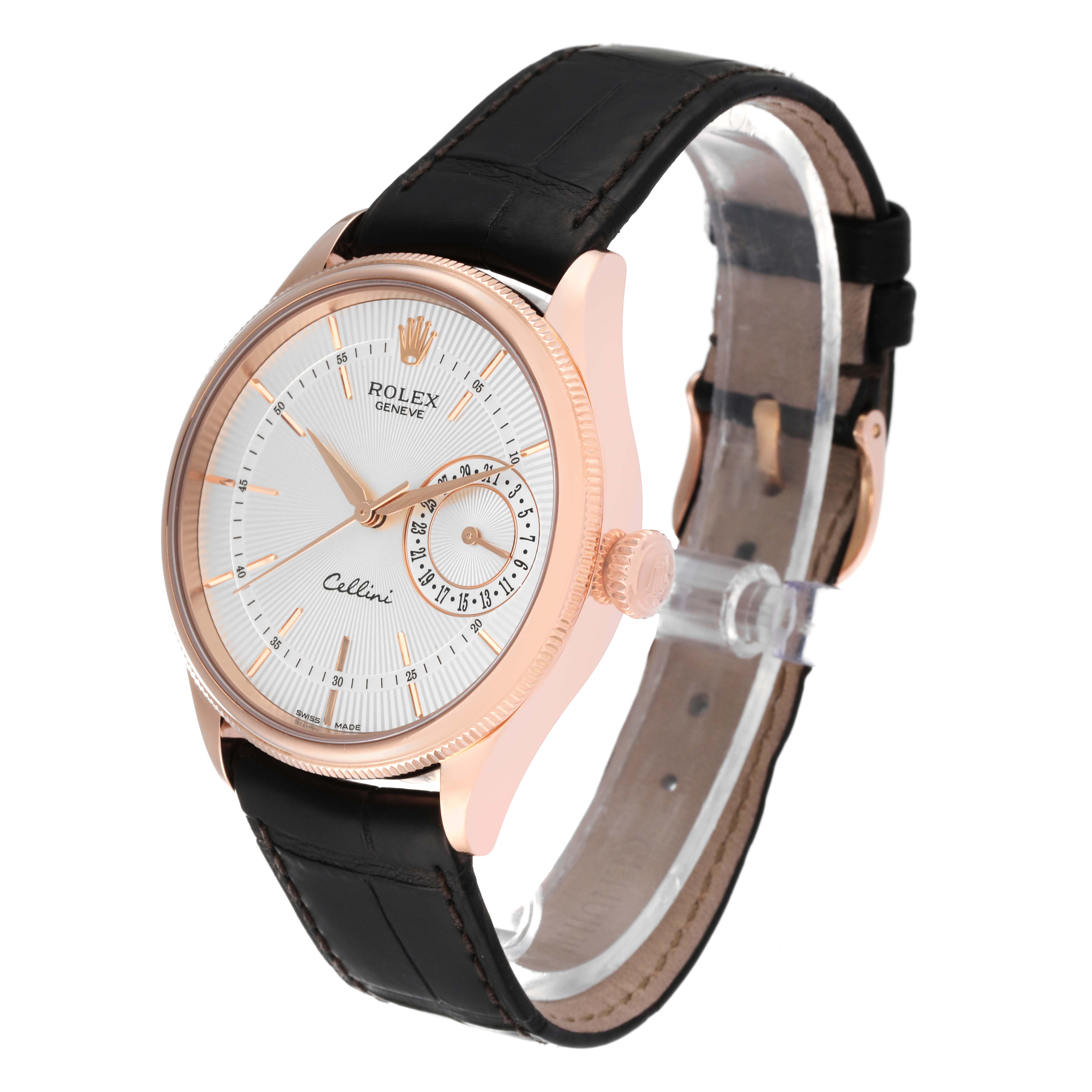 The Rolex Cellini 50515 Men's Rose Gold Silver Dial 50515 Men's Rose Gold Silver Dial watch is shown at an angled view, highlighting the dial, crown, and black leather strap.