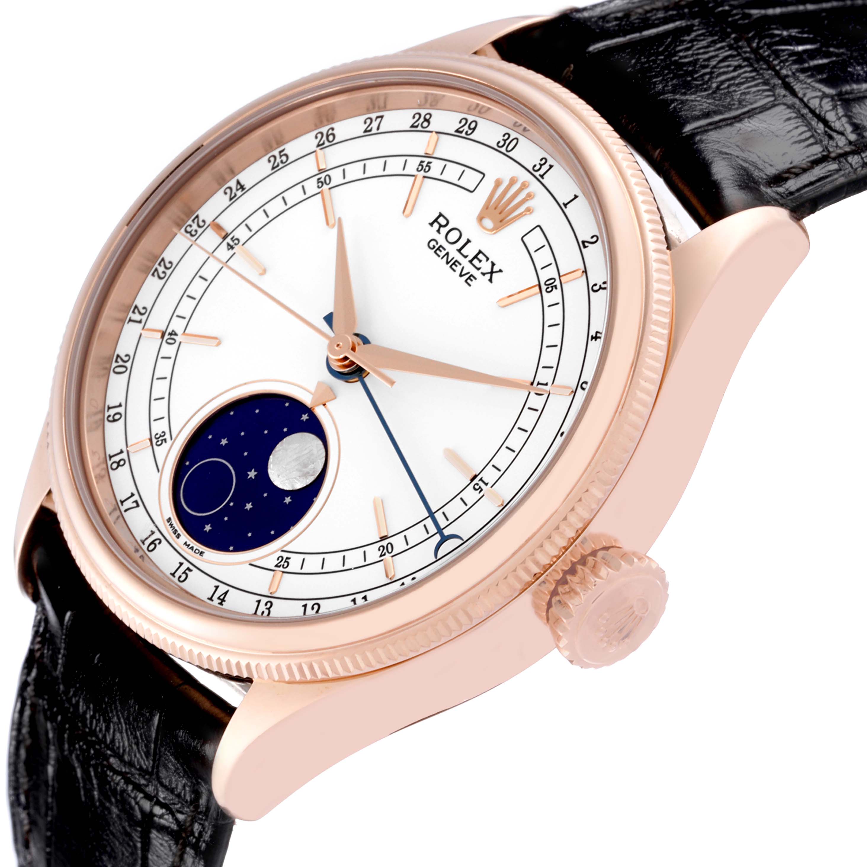 A Rolex Cellini 50535 Men's Rose Gold White Dial 50535 Men's Rose Gold White Dial watch angled to show the face, moonphase subdial, and side crown, with a black leather strap visible.