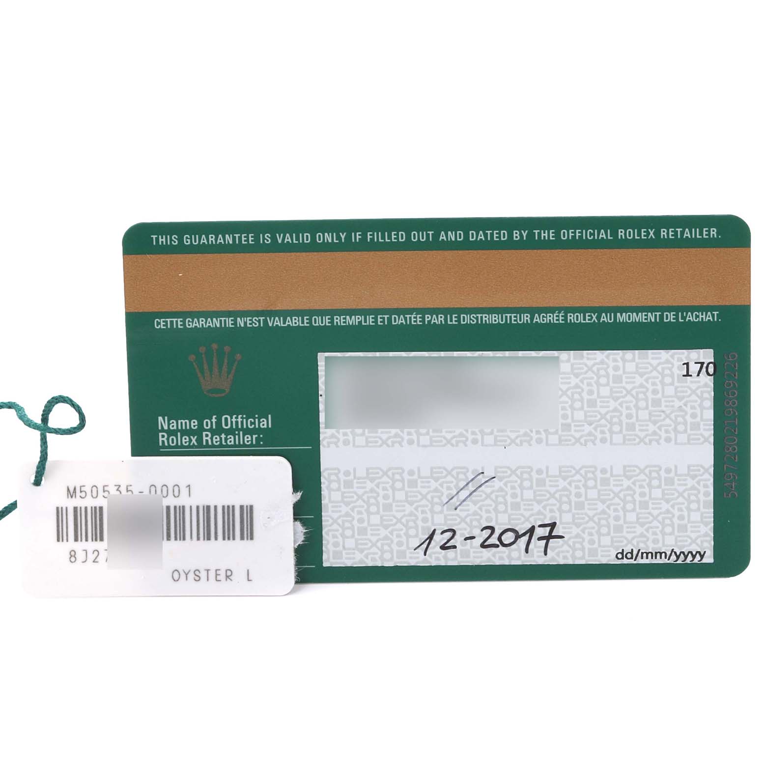 This shows a warranty card and tag for the Rolex Cellini 50535 Men's Rose Gold White Dial 50535 Men's Rose Gold White Dial model, featuring the serial number and date of purchase.