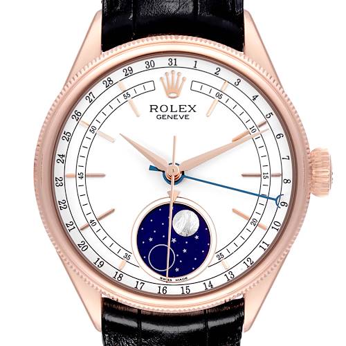 The image shows a close-up frontal view of a Rolex Cellini watch, highlighting its dial, hour markers, hands, and moon phase display.