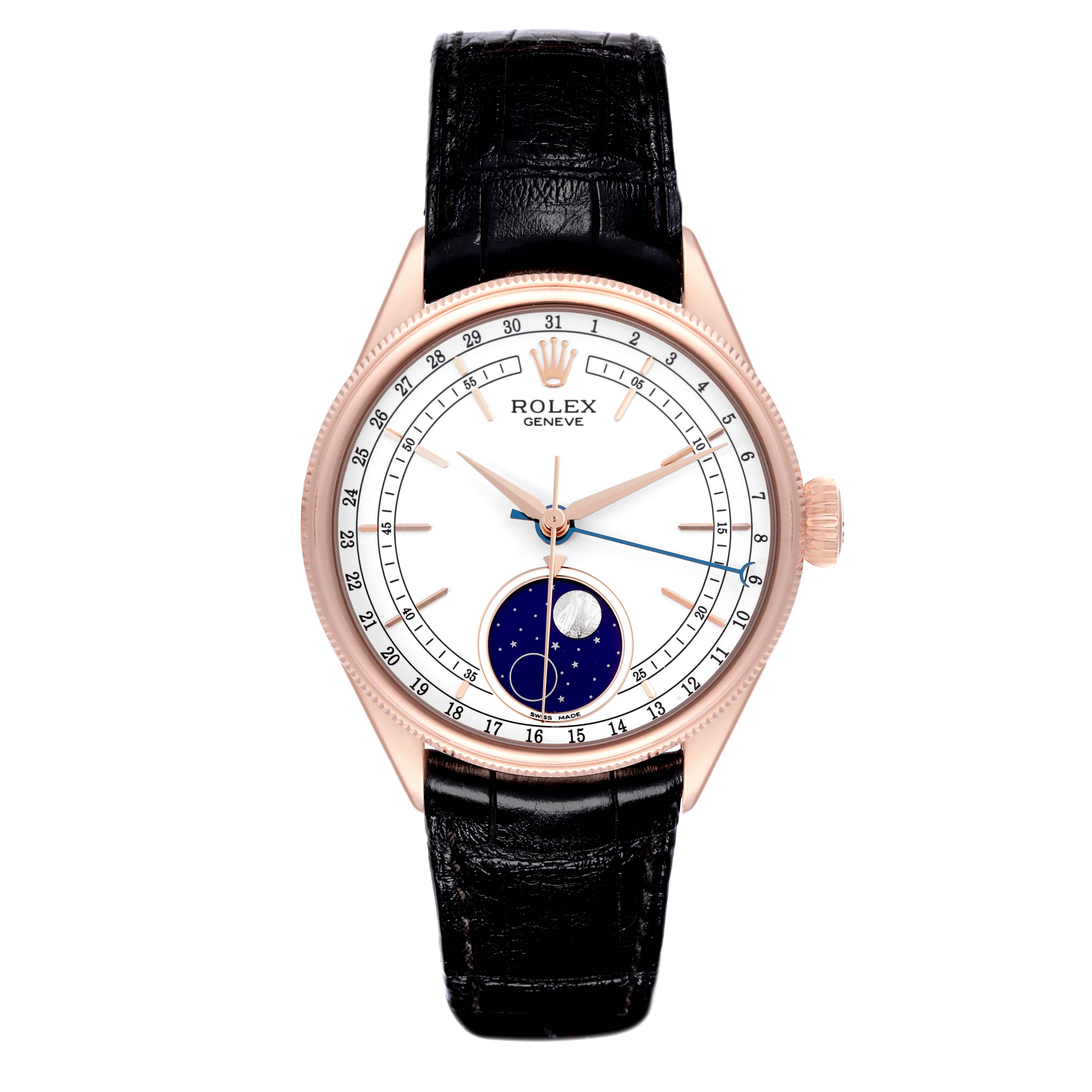 This Rolex Cellini 50535 Men's Rose Gold White Dial 50535 Men's Rose Gold White Dial watch is shown from a front angle, displaying the full face, bezel, crown, and leather strap.