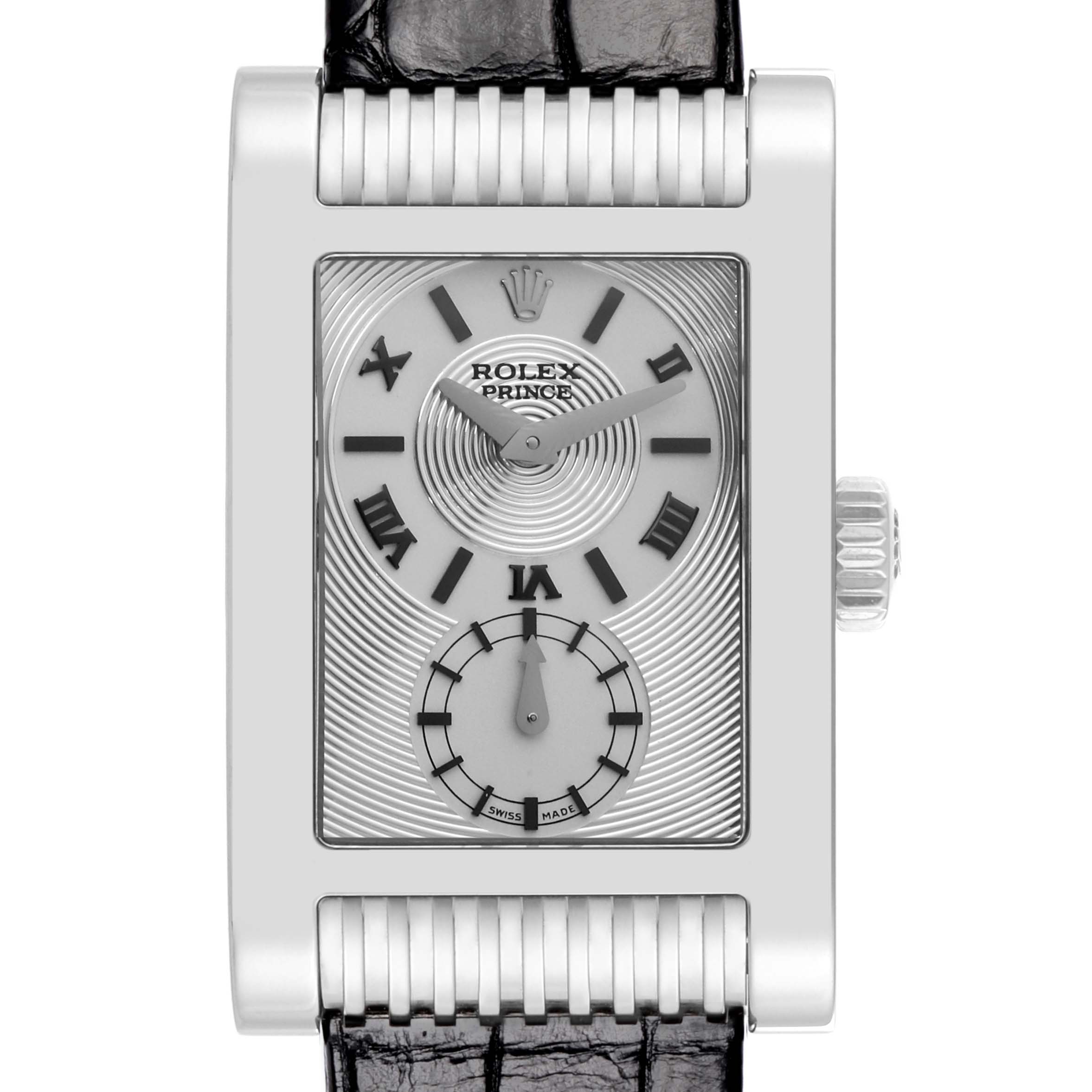 The image shows a front view of the Rolex Cellini 5441 Men's White Gold Silver Dial 5441 Men's White Gold Silver Dial Prince watch, highlighting its rectangular dial and leather strap.